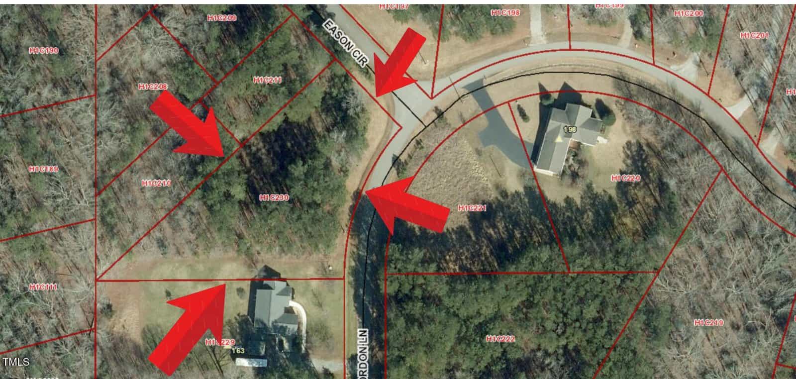 Aerial map view with red arrows pointing to properties and streets, house roofs visible, trees, and property lines marked in red. Labels such as “Eason Cir” and “Gordon Ln” mark the roads.