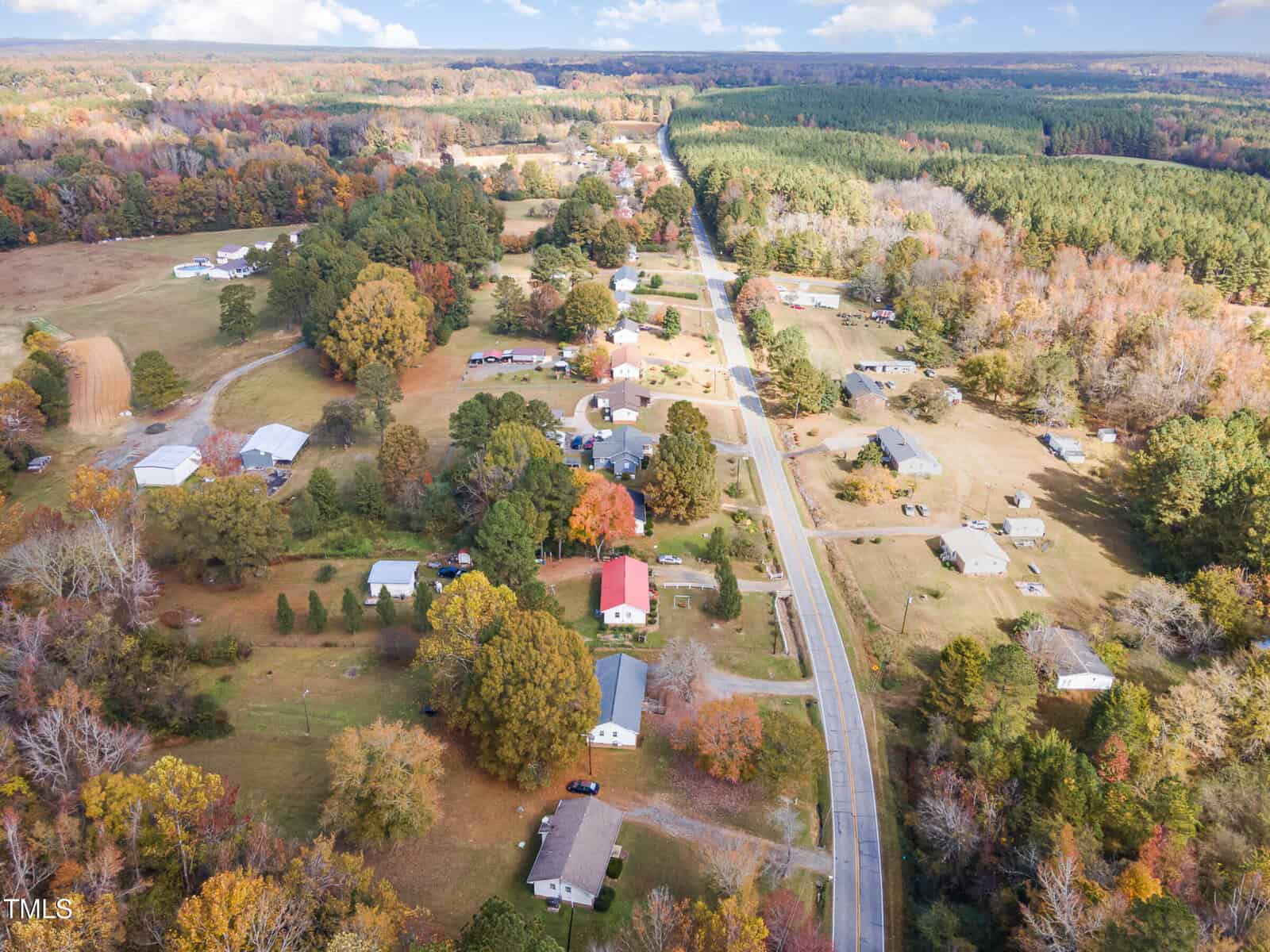 Aerial view of a rural landscape with a road running through the center, surrounded by scattered houses, large trees, and fields. The scene is set in an autumnal environment, with colorful foliage dotting the area.