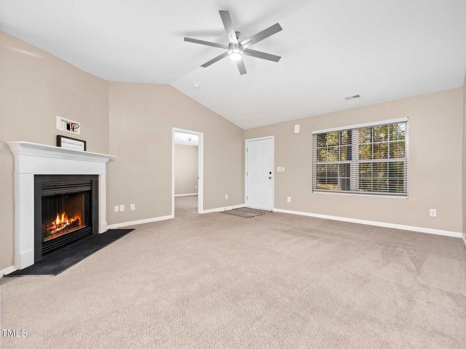 A spacious carpeted living room features a modern ceiling fan and a lit fireplace. There's a white door leading to another room and a window with blinds on the right. Walls are painted in a light neutral color.