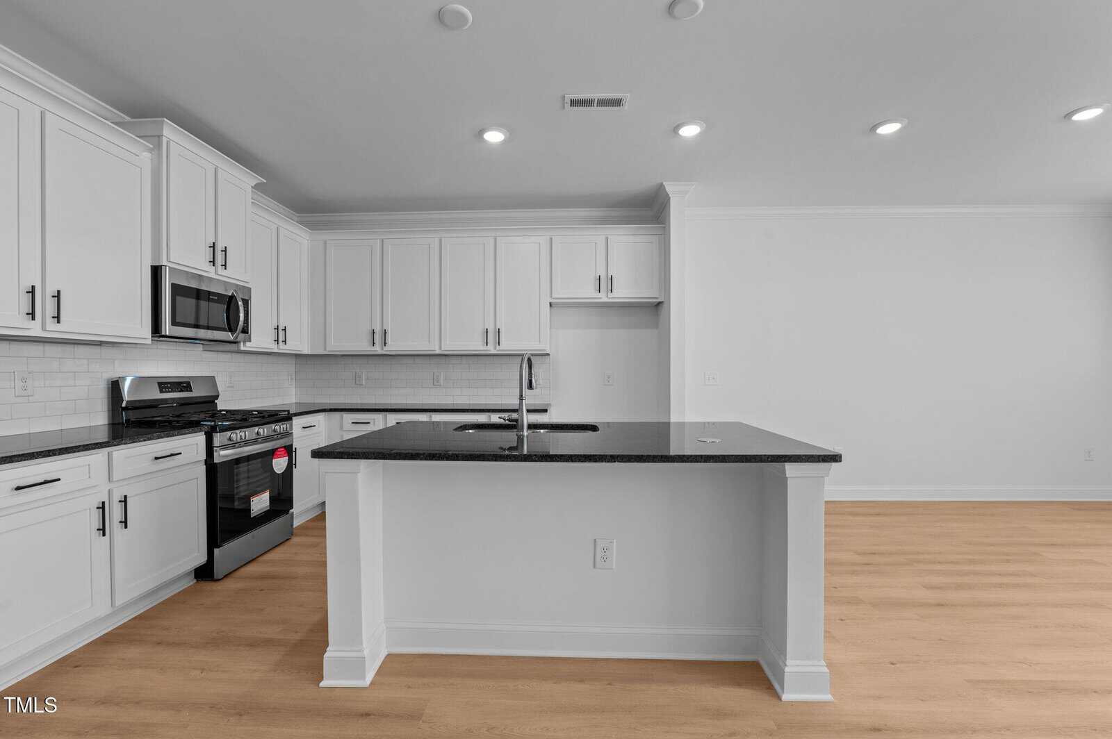 Modern kitchen with white cabinets, stainless steel appliances, black countertop island with sink, light wood flooring, and recessed lighting in a spacious, open layout.