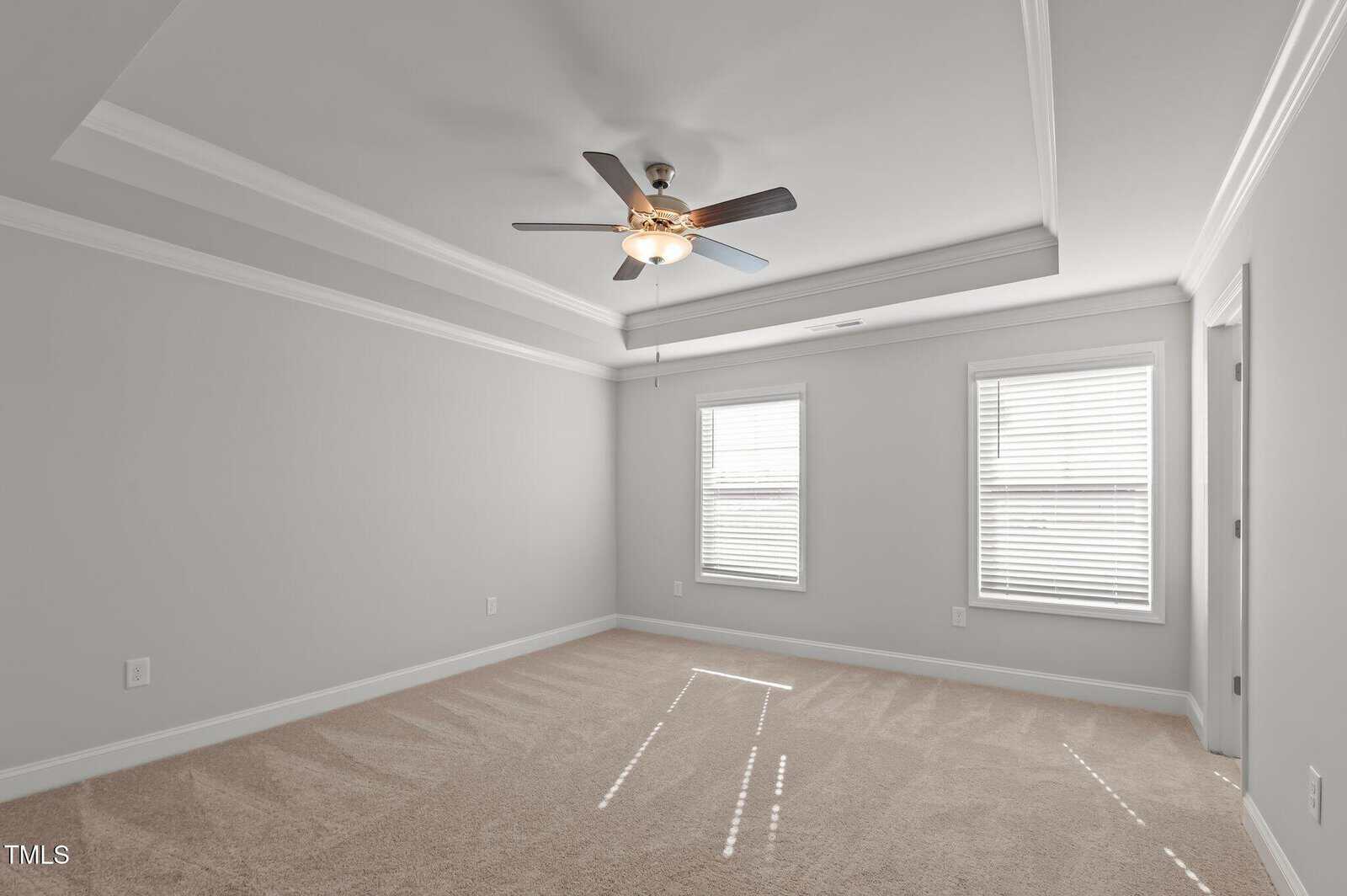 Empty bedroom with beige carpet, light gray walls, two windows with blinds, a ceiling fan with lights, and tray ceiling with crown molding. Sunlight shines through the windows onto the floor.