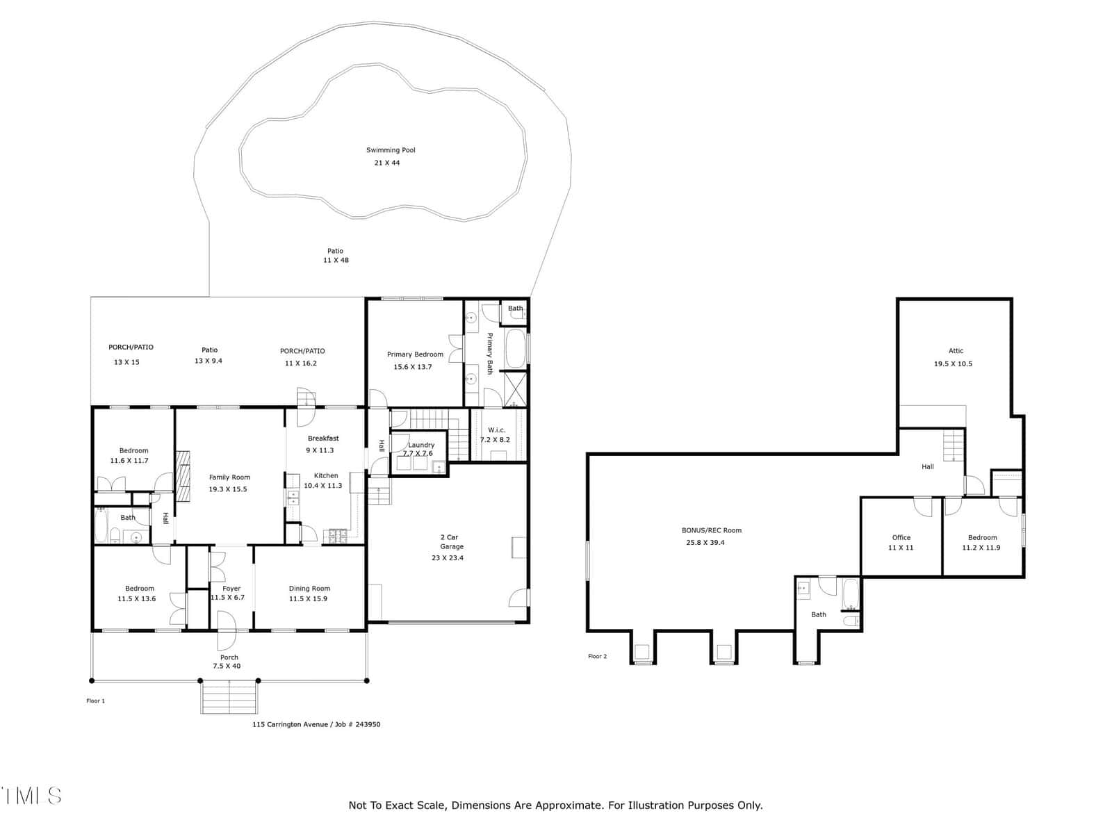 Black and white floor plan of a house with labeled rooms, including a primary suite, multiple bedrooms and bathrooms, kitchen, dining room, living spaces, and a detached building with a rec room, bedrooms, and a swimming pool outside.