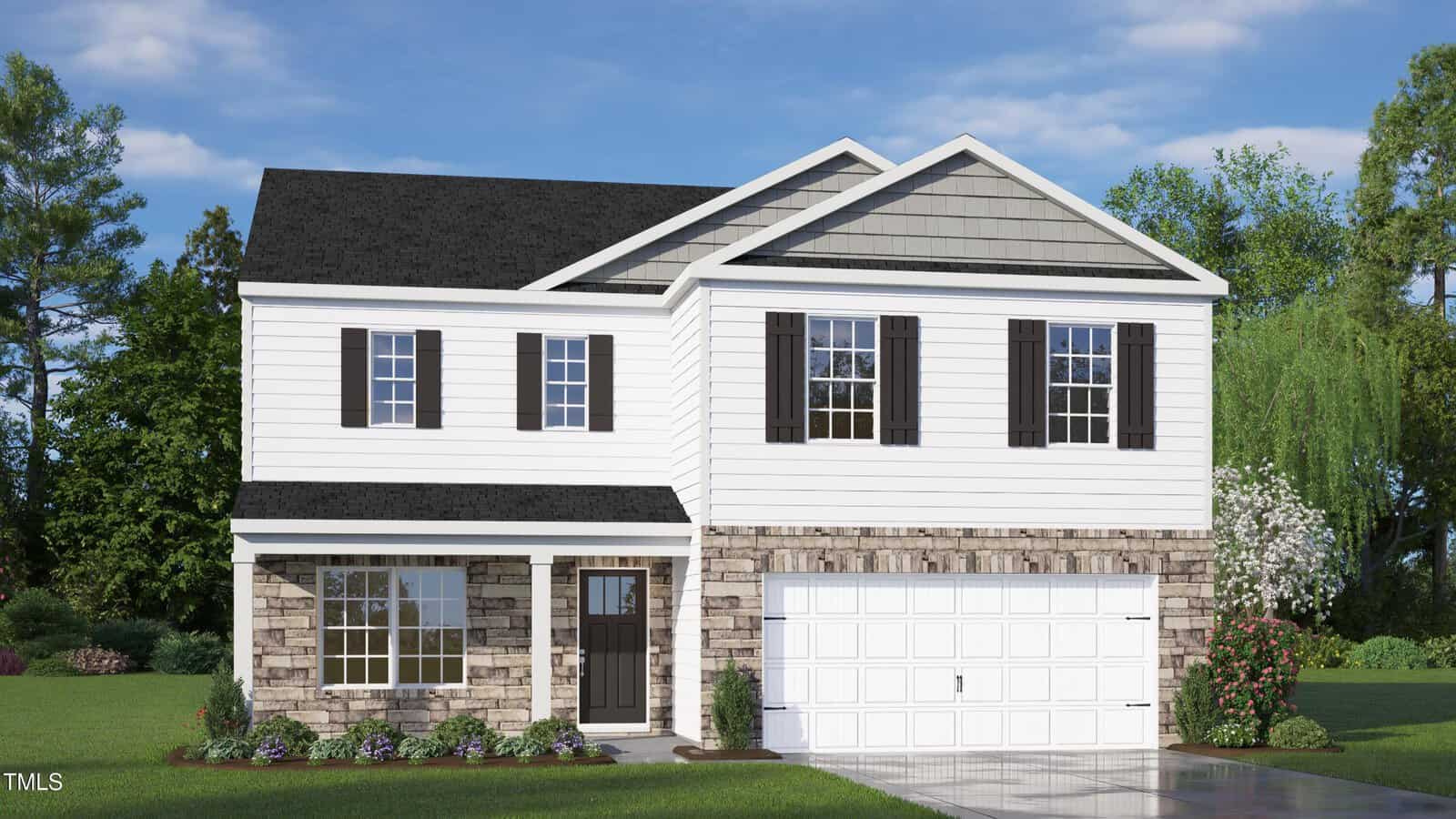 A two-story suburban house with a mix of white siding and stone accents, black shutters, a covered front porch, and a double-car garage, surrounded by green lawn and trees under a blue sky.