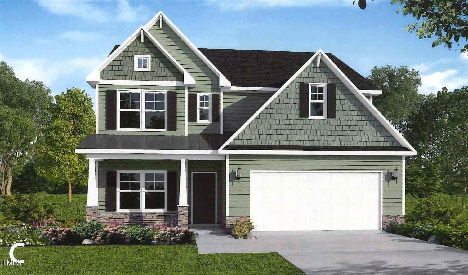 Two-story house with green siding, white trim, and a dark roof. There are multiple windows, a white garage door, and a covered entryway. The front yard has grass, shrubs, and trees in the background.
