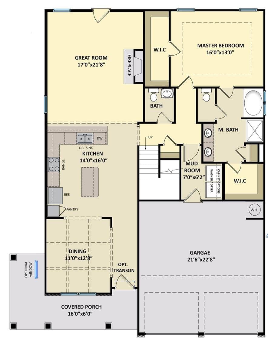 Floor plan showing a single-story home with a two-car garage, covered porch, dining area, kitchen, great room, master bedroom with two walk-in closets, two bathrooms, mud room, and fireplace in the great room.