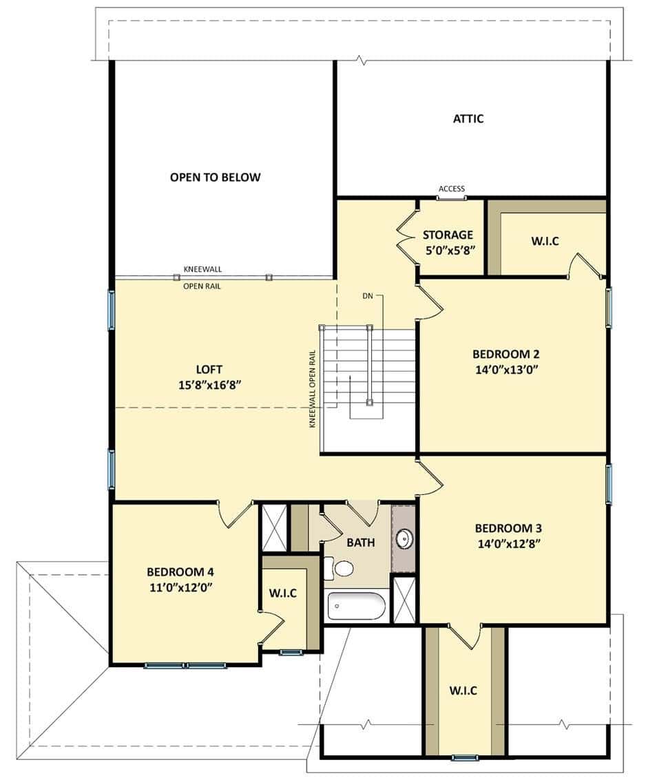 Second floor house plan showing an attic, storage room, loft, three bedrooms, three walk-in closets, a bathroom, and stairs. Main spaces are labeled with dimensions and pathways are clearly marked.