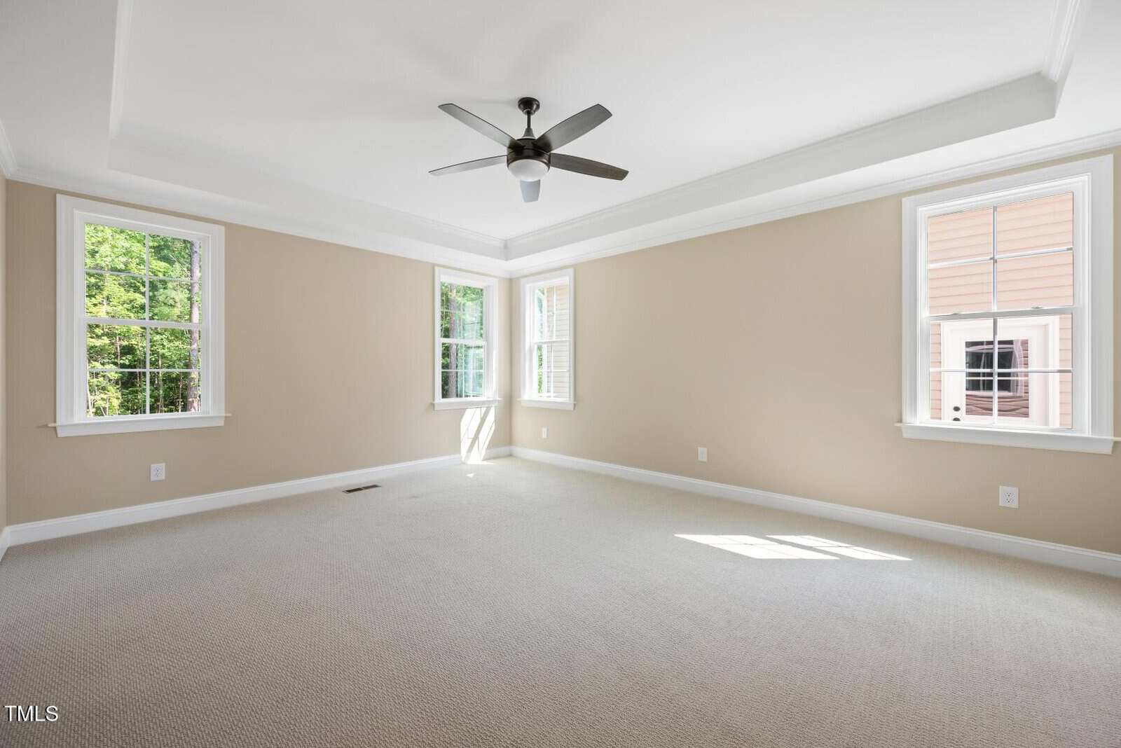 Bright, empty room with beige walls, white trim, three large windows, a tray ceiling, ceiling fan, and light-colored carpet. Sunlight streams through the windows, illuminating the space.