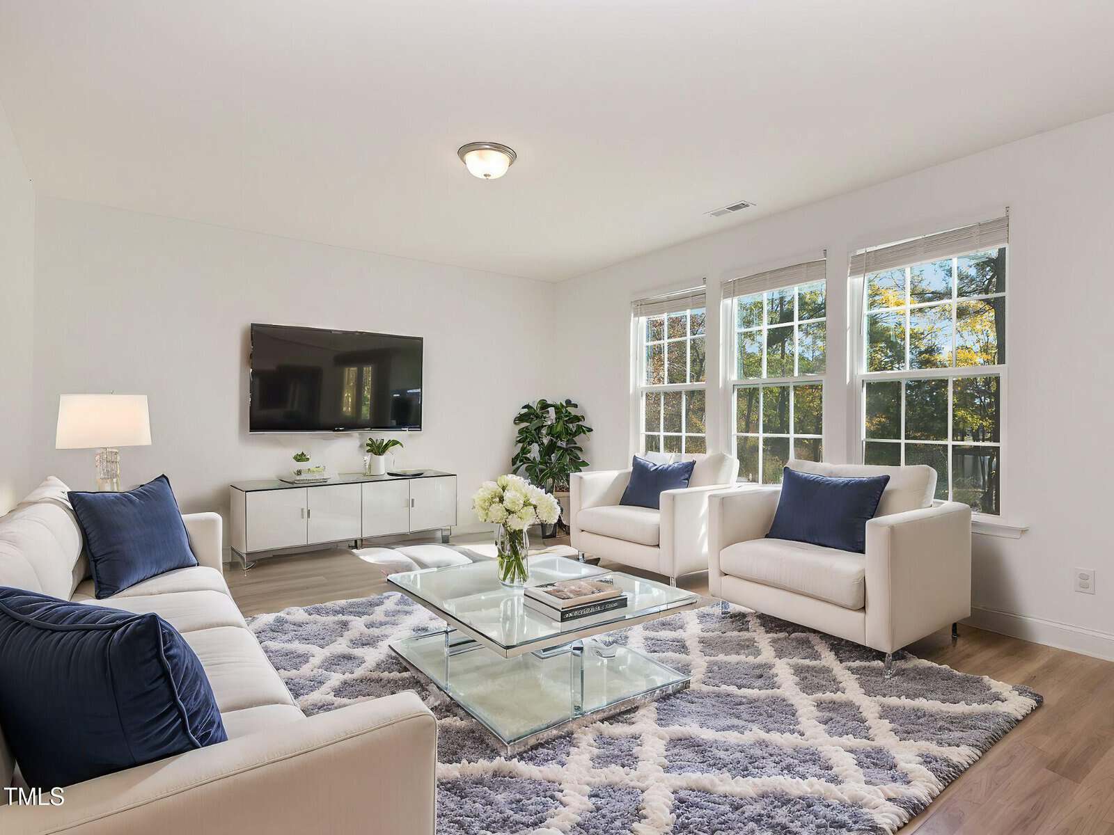 A modern living room with white walls, two armchairs, a sofa, a glass coffee table, a patterned rug, a flat-screen TV on the wall, large windows, and a potted plant in the corner.