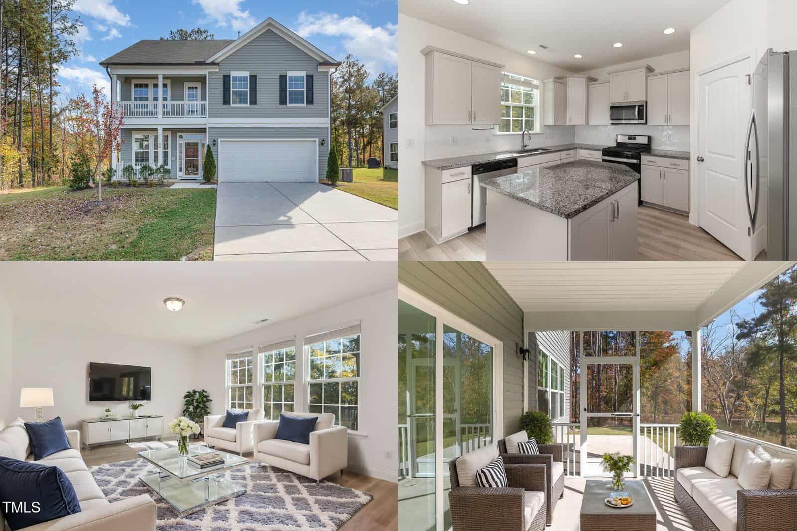 A collage of four photos shows: a two-story suburban house with an attached garage, a white kitchen with stainless steel appliances, a bright living room, and a covered back patio with seating, all in a wooded area.
