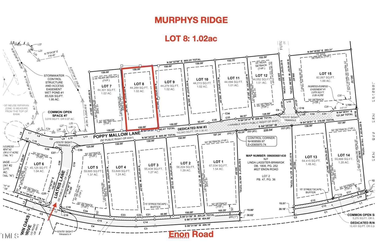 The site plan of Murphy's Ridge, featuring Lot 8 on Poppy Mallow Lane, highlights 1.02 acres in red. Enon Road lines the bottom, offering easy access to Oxford. A common open space enhances the entrance, with other lots and details clearly labeled for reference.