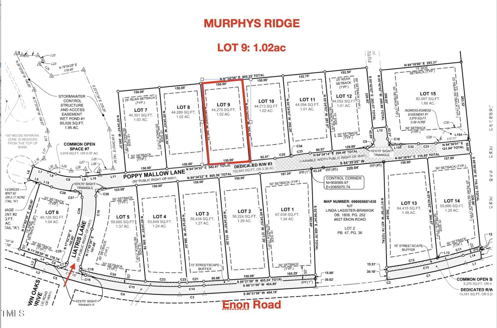 A plot map showing Murphy's Ridge, highlighting Lot 9 with a red border. Lot 9 measures 1.02 acres. Other lots, roads, and common areas like Poppy Mallow Lane and Enon Road are labeled. Various lot dimensions and other notes are annotated on the map.