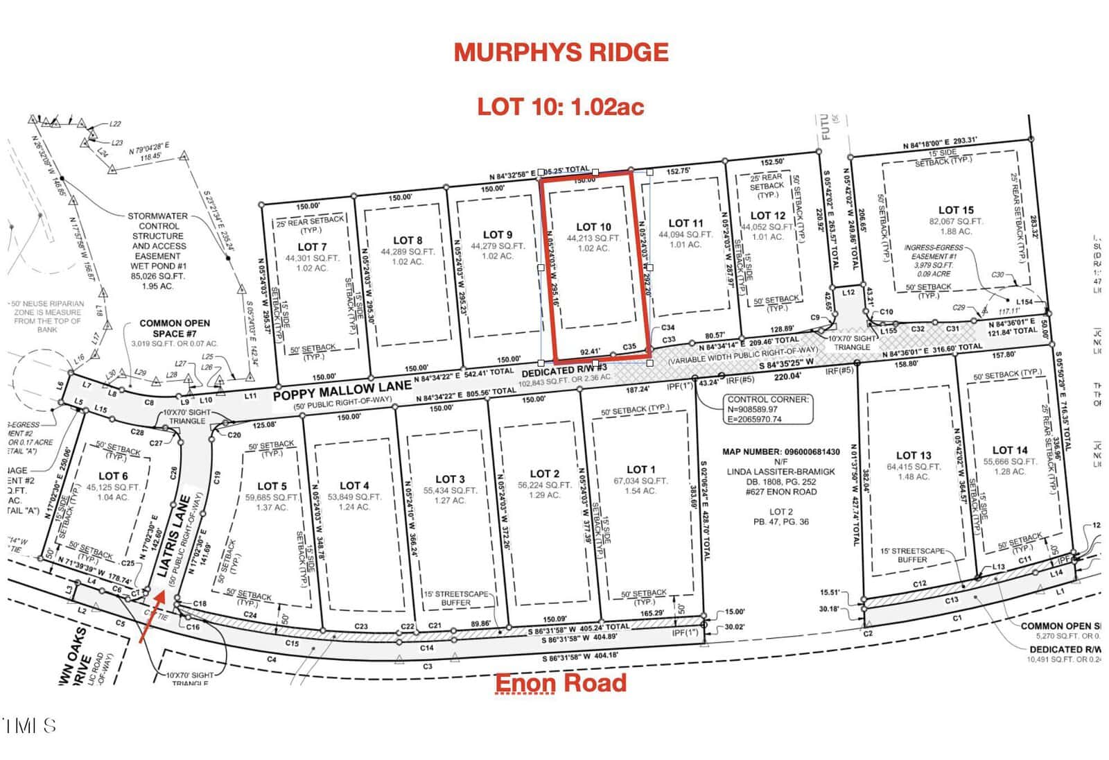 Site map titled "Murphys Ridge" showing lot divisions along Poppy Mallow Lane, intersecting with Enon Road. Lot 10 is highlighted in red, marked as 1.02 acres. The map details parcel dimensions and adjacent lots.