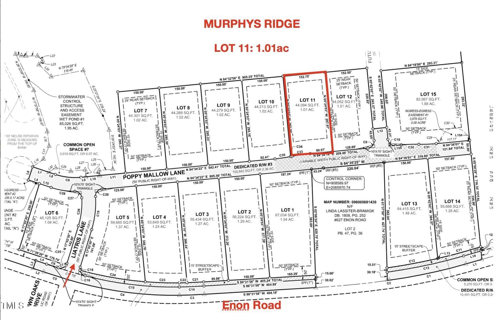 Black and white site plan of Murphys Ridge, showing multiple lots along Poppy Mallow Lane. Lot 11 is outlined in red, indicating 1.01 acres. Enon Road is depicted at the bottom, with directional arrows and measurements noted.