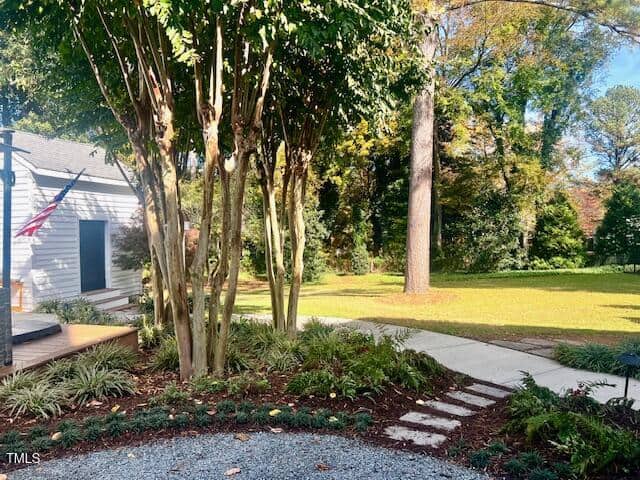 Sunny backyard with a white house on the left, a gravel path leading to a patio, and lush trees and grass. A large tree stands in the foreground, with a pathway of stepping stones extending towards a lawn.