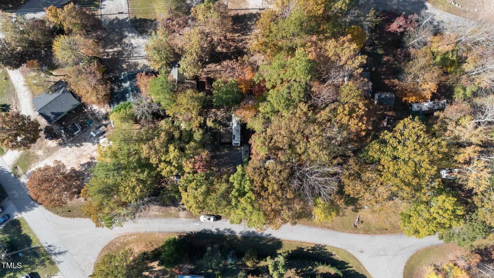 Aerial view of a residential area with dense trees and several houses partially obscured by foliage. A white vehicle is parked on a curved road at the bottom center of the image. Streets border the property.