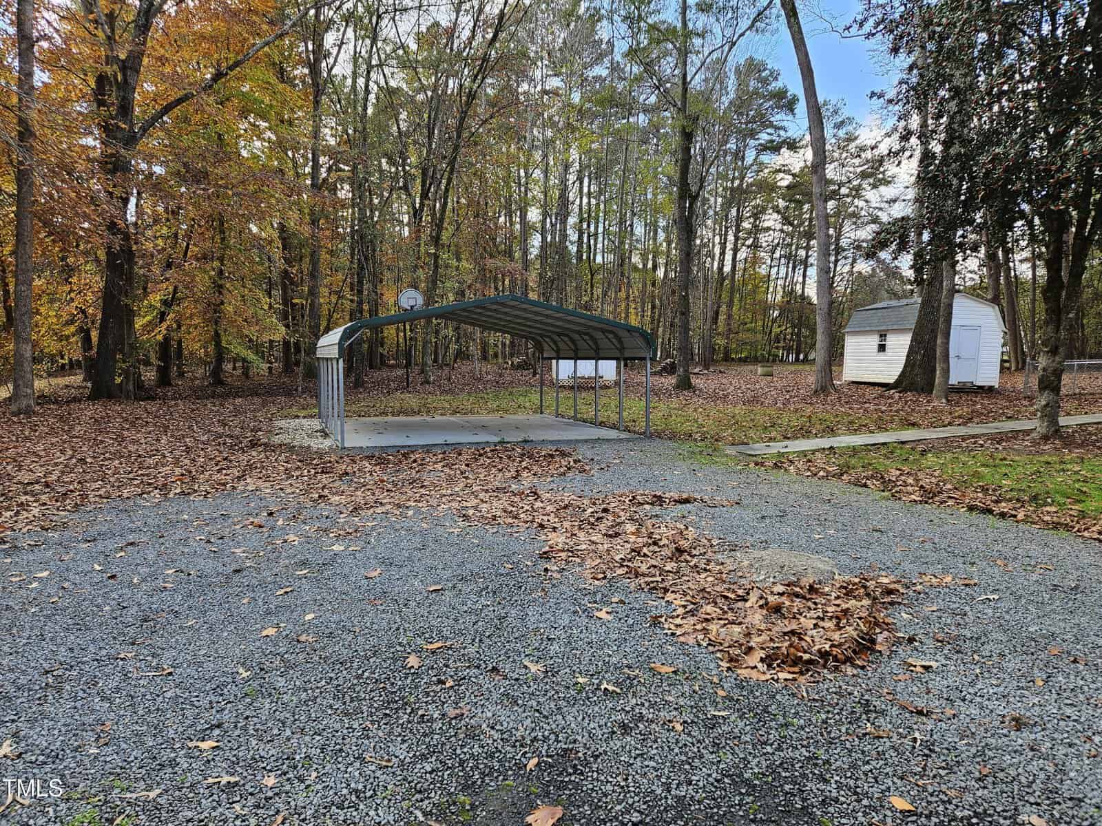 A metal carport stands on a gravel driveway surrounded by trees with autumn leaves. A small shed is visible in the background. A basketball hoop is attached to the carport. The ground is covered with fallen leaves.