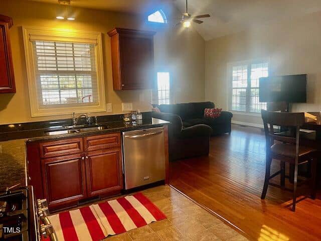A kitchen with dark wood cabinets and stainless steel appliances, including a dishwasher. A red and white striped rug is on the floor. The space opens to a living area with a sofa, TV, and ceiling fan. Large windows allow natural light to fill the room.