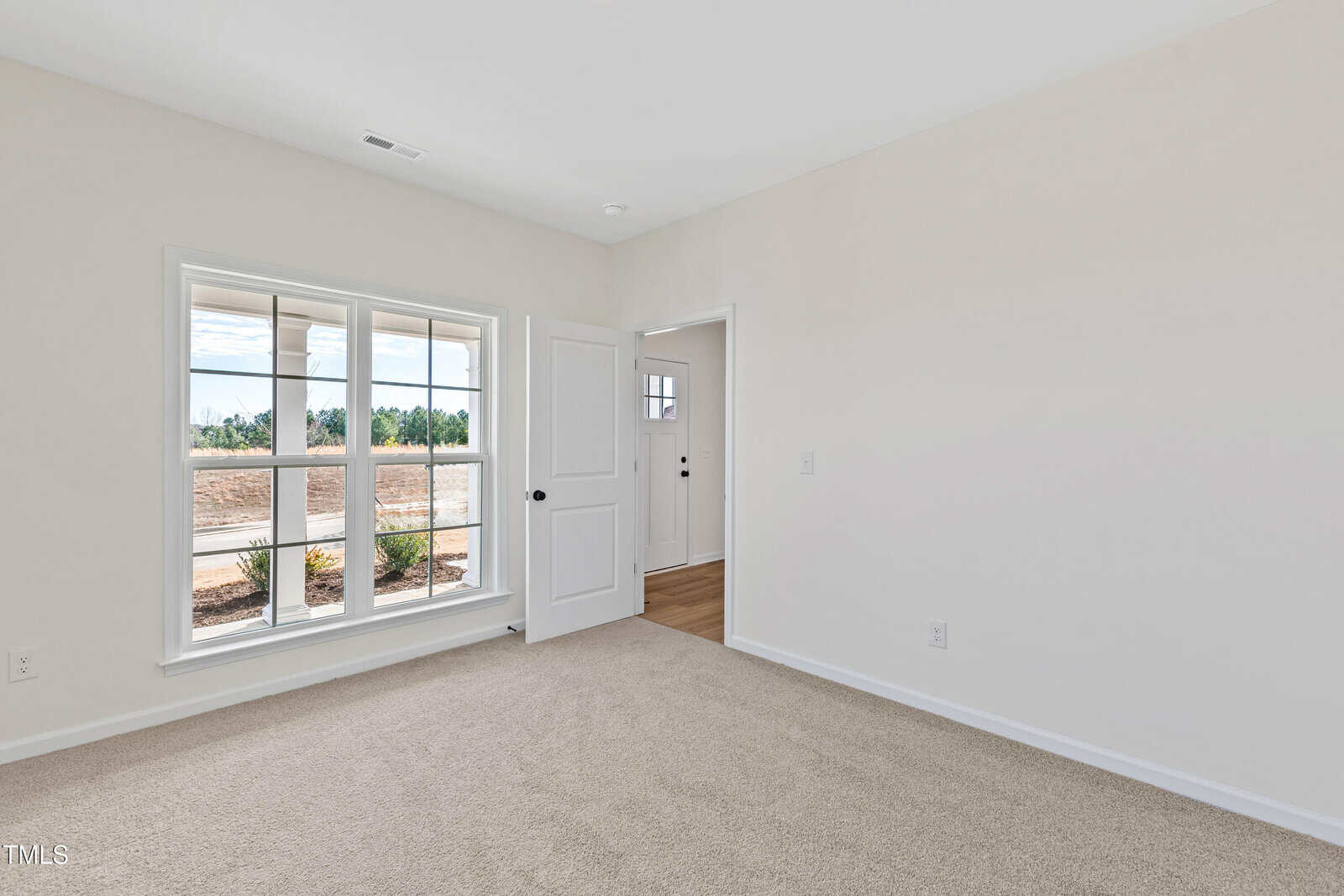Bright, empty room with beige carpet, white walls, a large window with outdoor view, and an open door leading to a hallway with wood flooring.