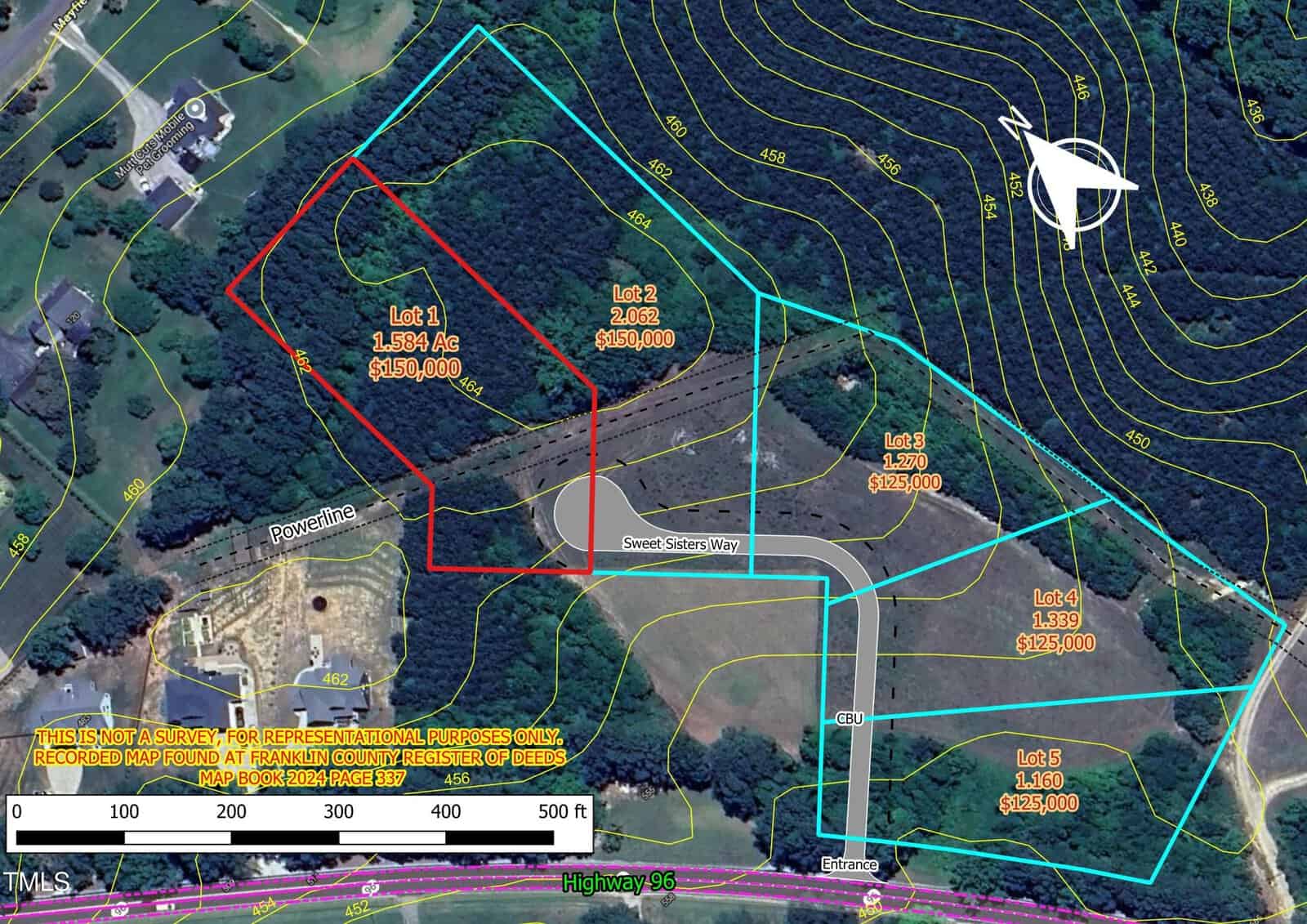 Aerial view of a residential land development map showing lot boundaries, lot numbers, acreages, prices, topographic contour lines, a cul-de-sac, and surrounding wooded and cleared areas. A disclaimer is at the bottom left.