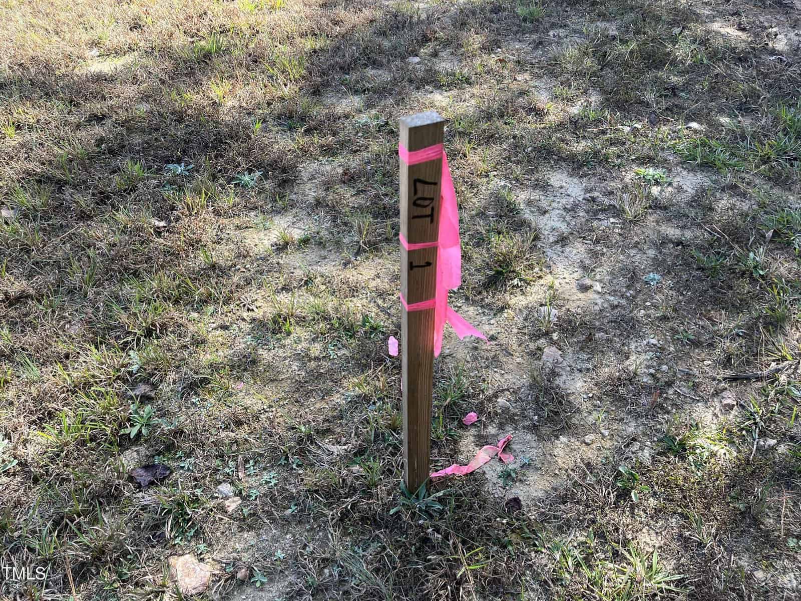 A wooden stake marked “Lot” with pink survey tape stands in a patch of dry grass and dirt, indicating land surveying or construction planning.