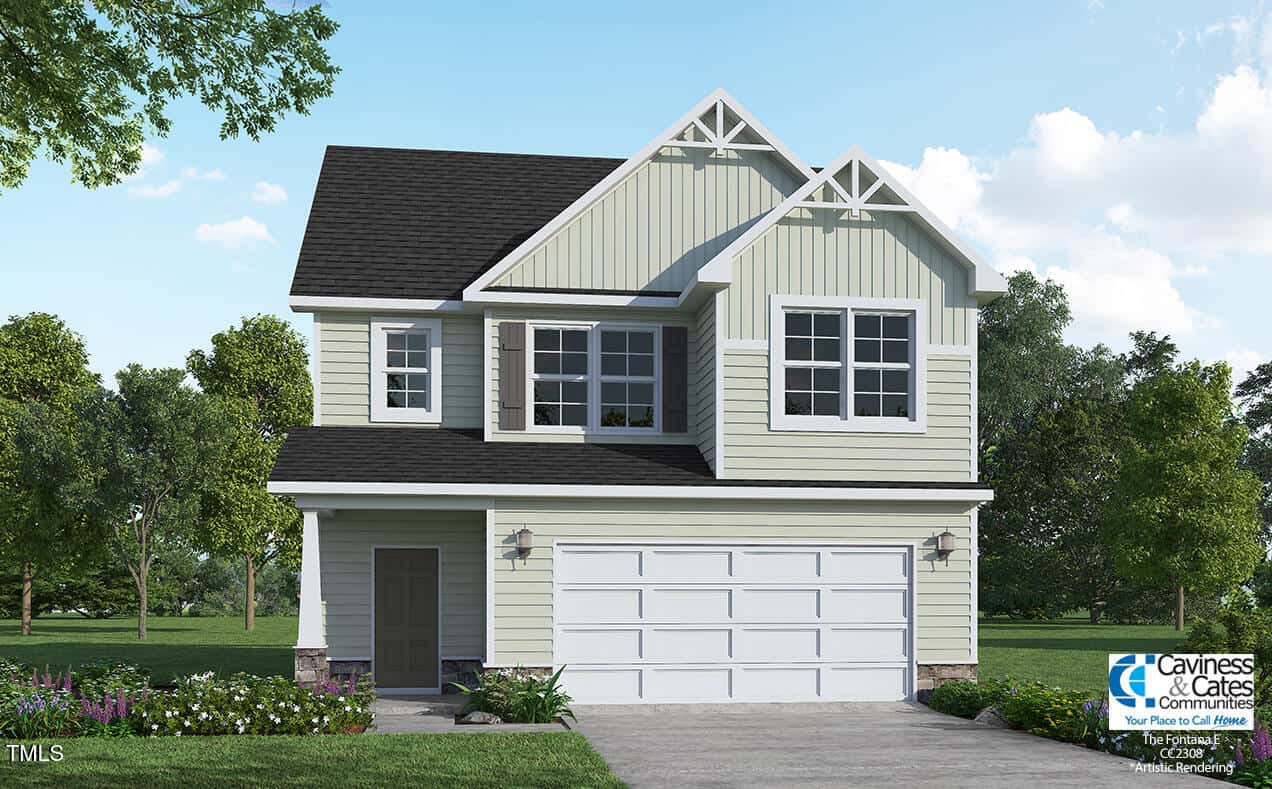 A two-story, light-colored house with horizontal and vertical siding, dark roof shingles, a double garage, and symmetrical windows. There are trees and grass surrounding the home under a partly cloudy sky.