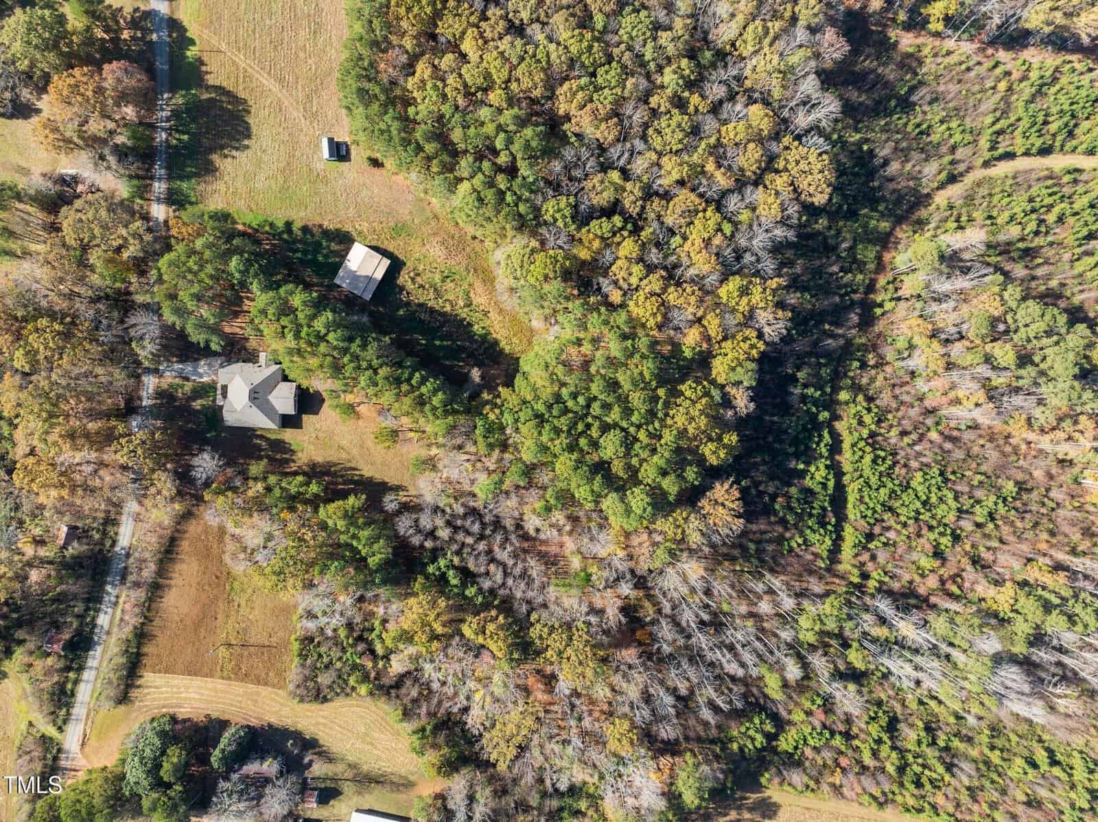 Aerial view of a rural landscape featuring a house surrounded by trees and open fields. There are two smaller structures nearby and a mix of dense forest and grassy areas. A road runs along the left side of the image.