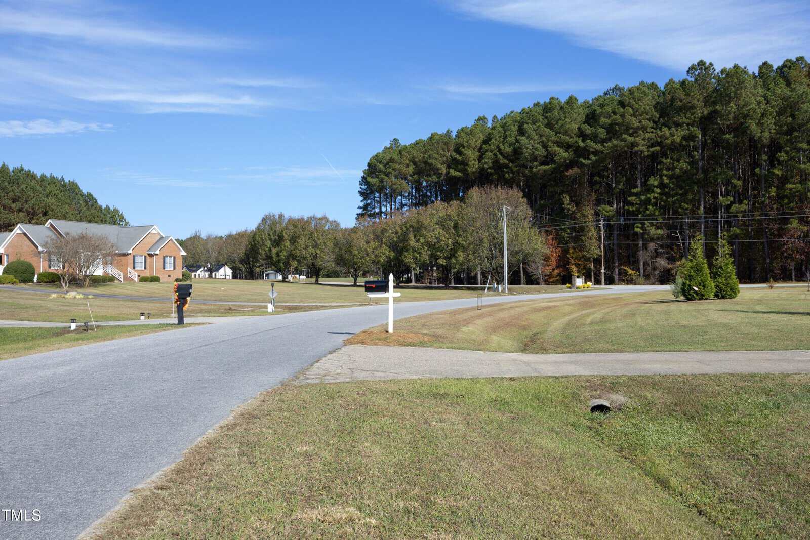 A suburban street intersection with a brick house, mailboxes, grassy lawns, and a wooded area with tall trees in the background under a clear blue sky.