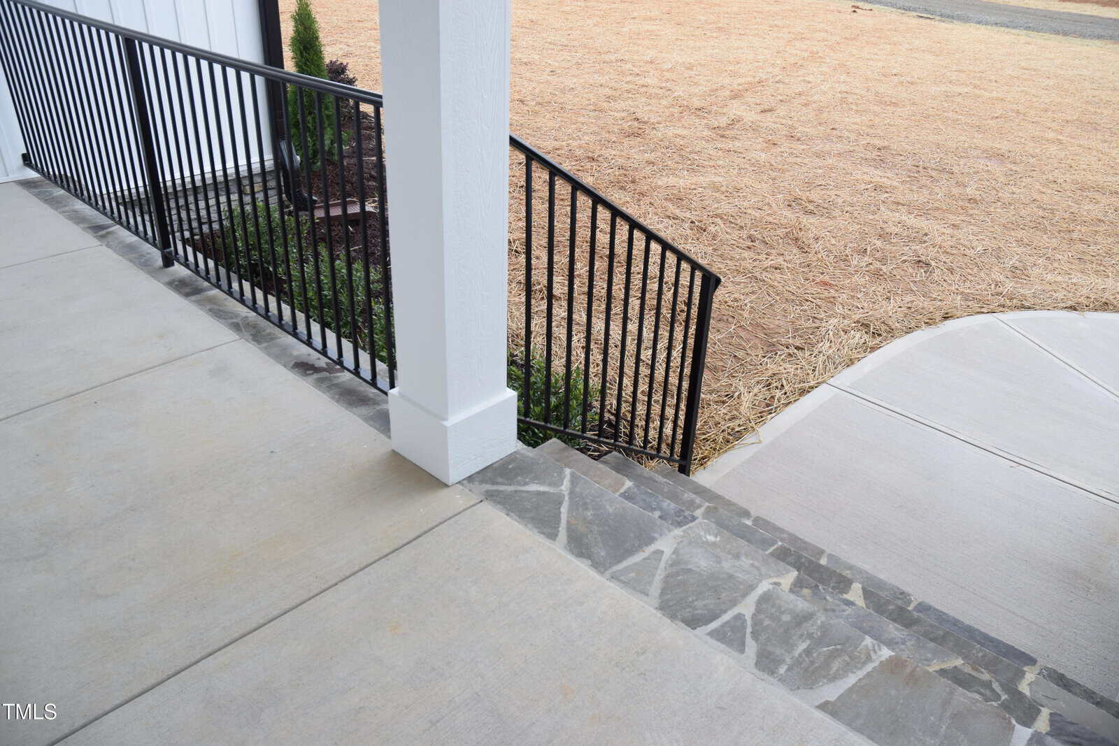 A concrete porch with a stone step leading to a paved walkway. On the left, a black metal railing separates the porch area from a mulched section with a small plant. The background features an expanse of dry grass.