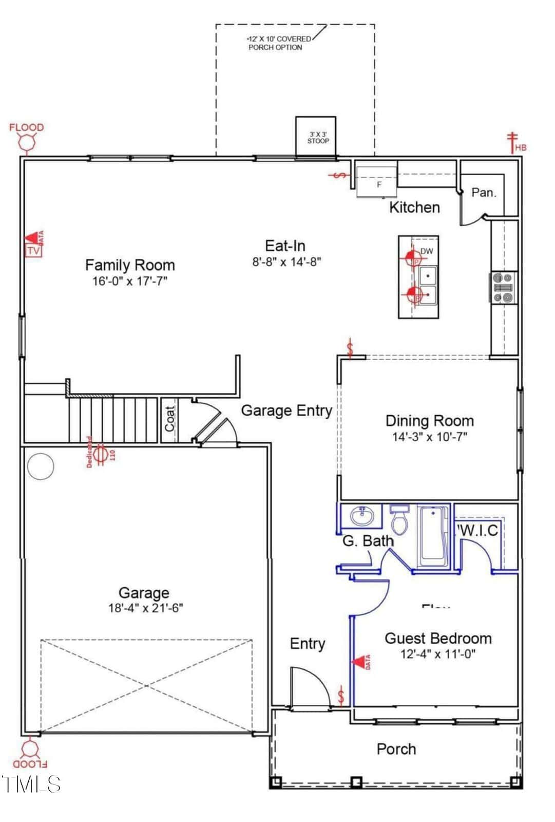 A floor plan showing a garage, family room, eat-in kitchen, kitchen with pantry, dining room, guest bedroom, guest bathroom, walk-in closet, porch, garage entry, and stairway. Doors, sinks, and appliances are labeled.