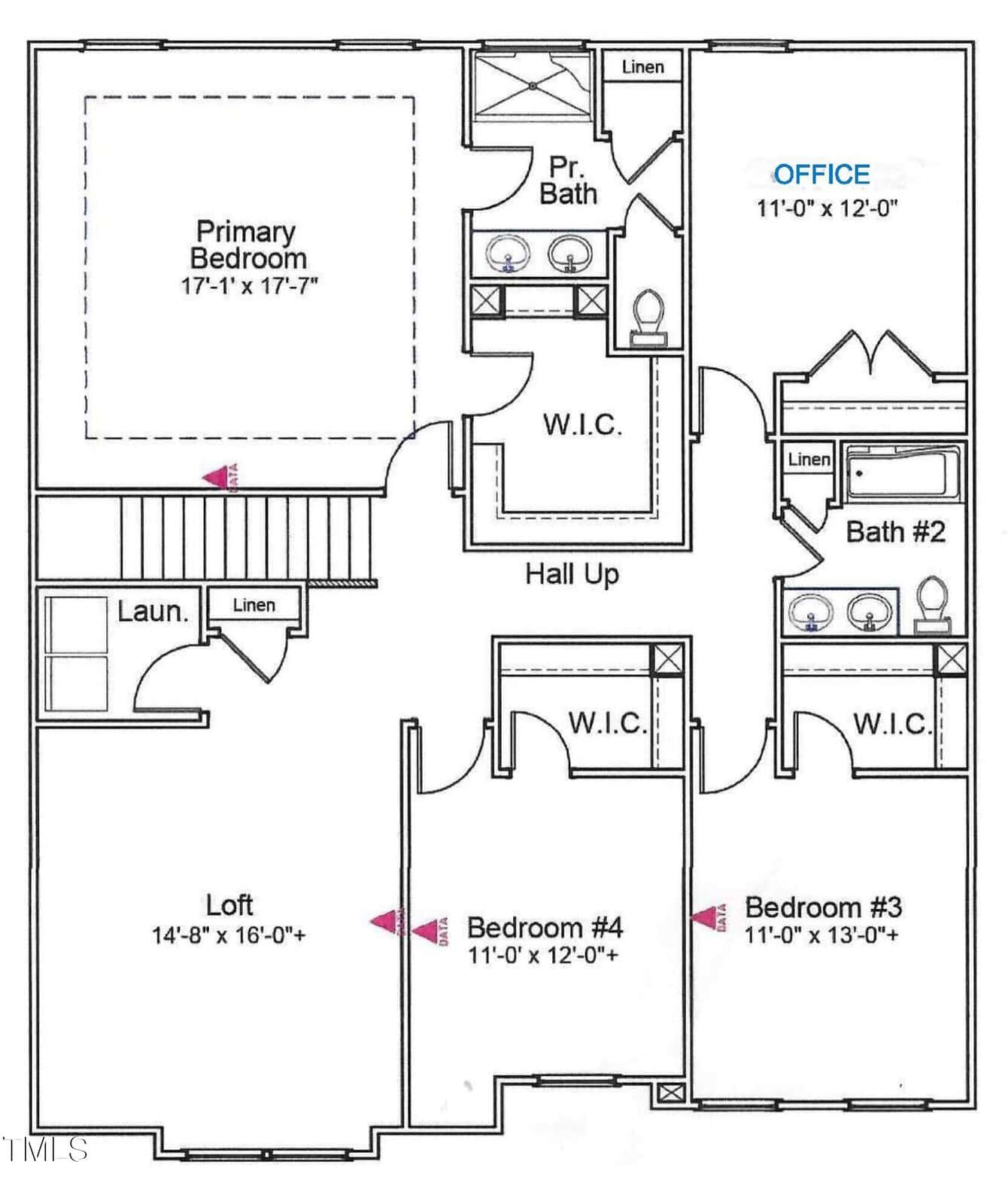 A floor plan of a house features a primary bedroom with en suite bath and walk-in closet, three additional bedrooms, two more bathrooms, an office, laundry room, loft area, and multiple linen closets.
