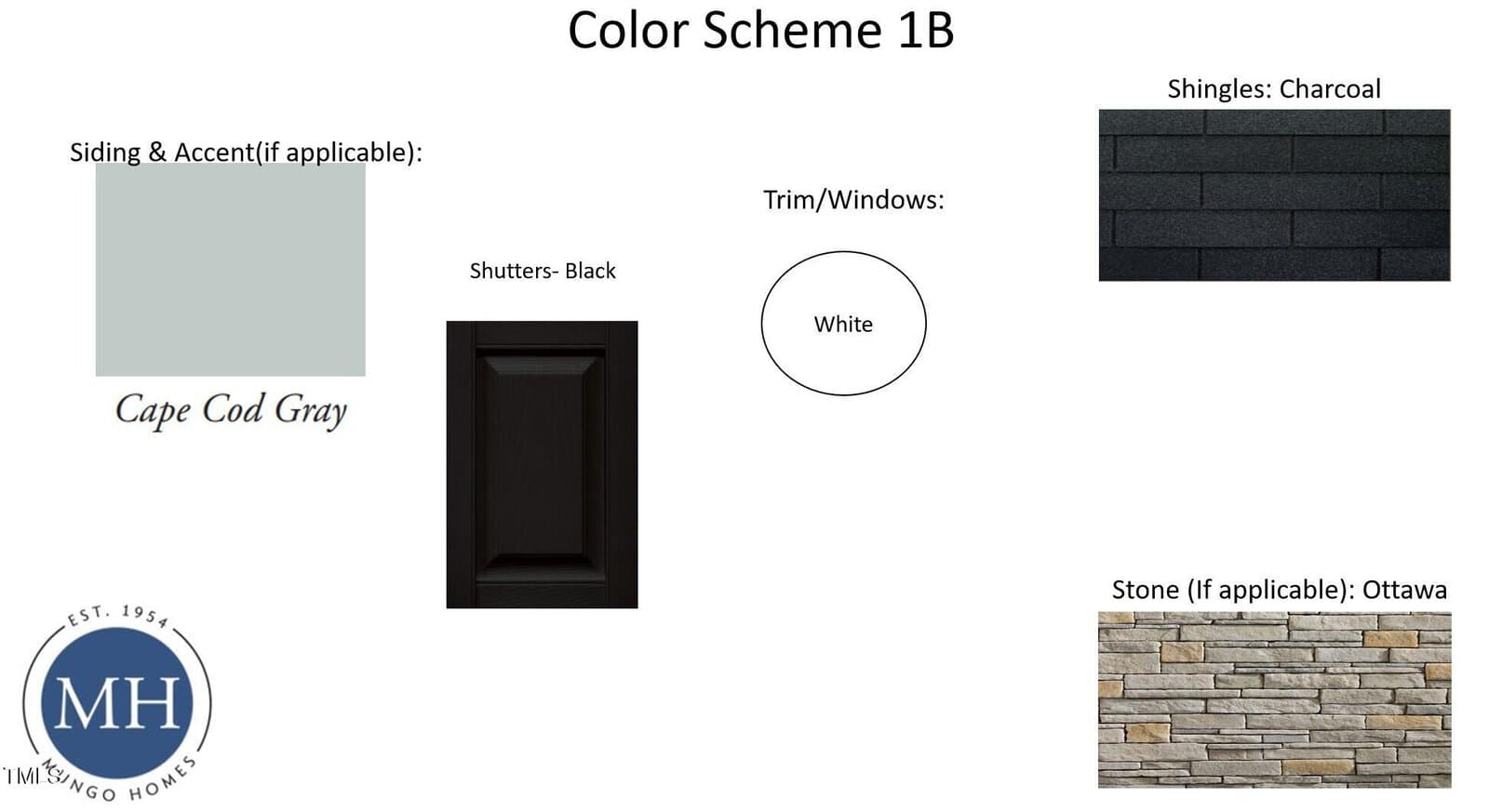 A color scheme board labeled "Color Scheme 1B" shows samples for siding (Cape Cod Gray), shutters (black), trim/windows (white), shingles (charcoal), and stone (Ottawa). Flamingo Homes logo in bottom left.
