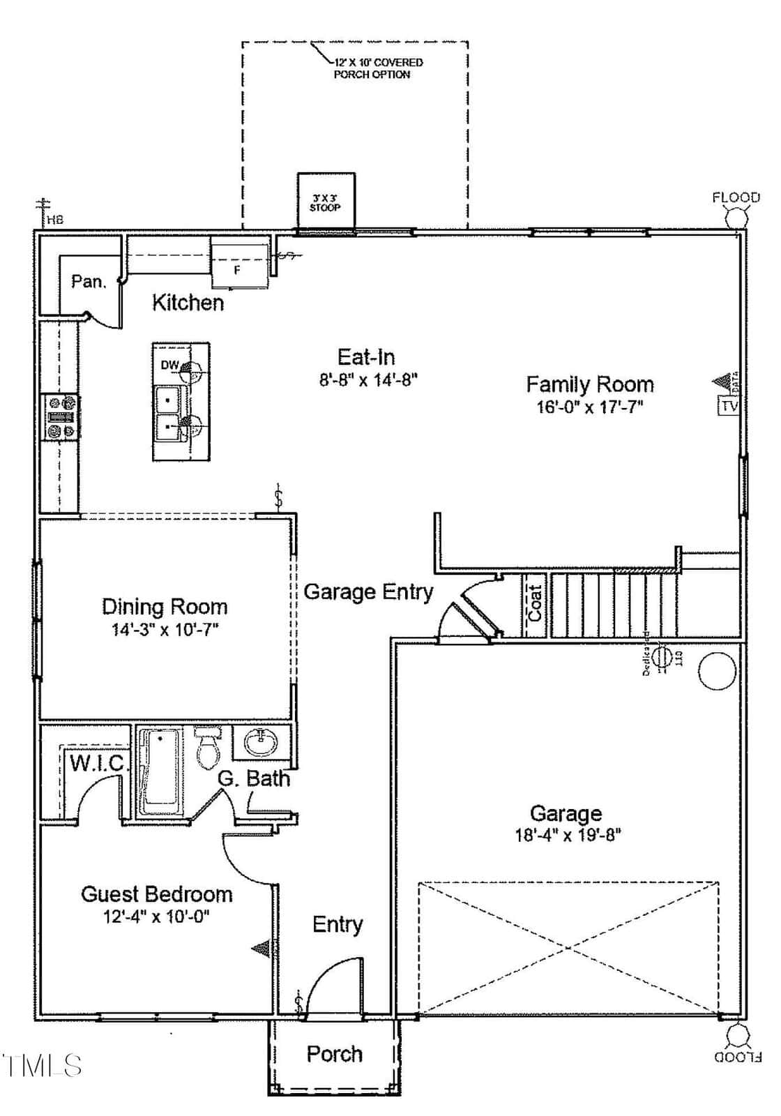 Black and white floor plan of a house's first floor, showing a porch, entry, guest bedroom, full bathroom, dining room, kitchen, pantry, eat-in area, family room, garage entry, and a two-car garage.