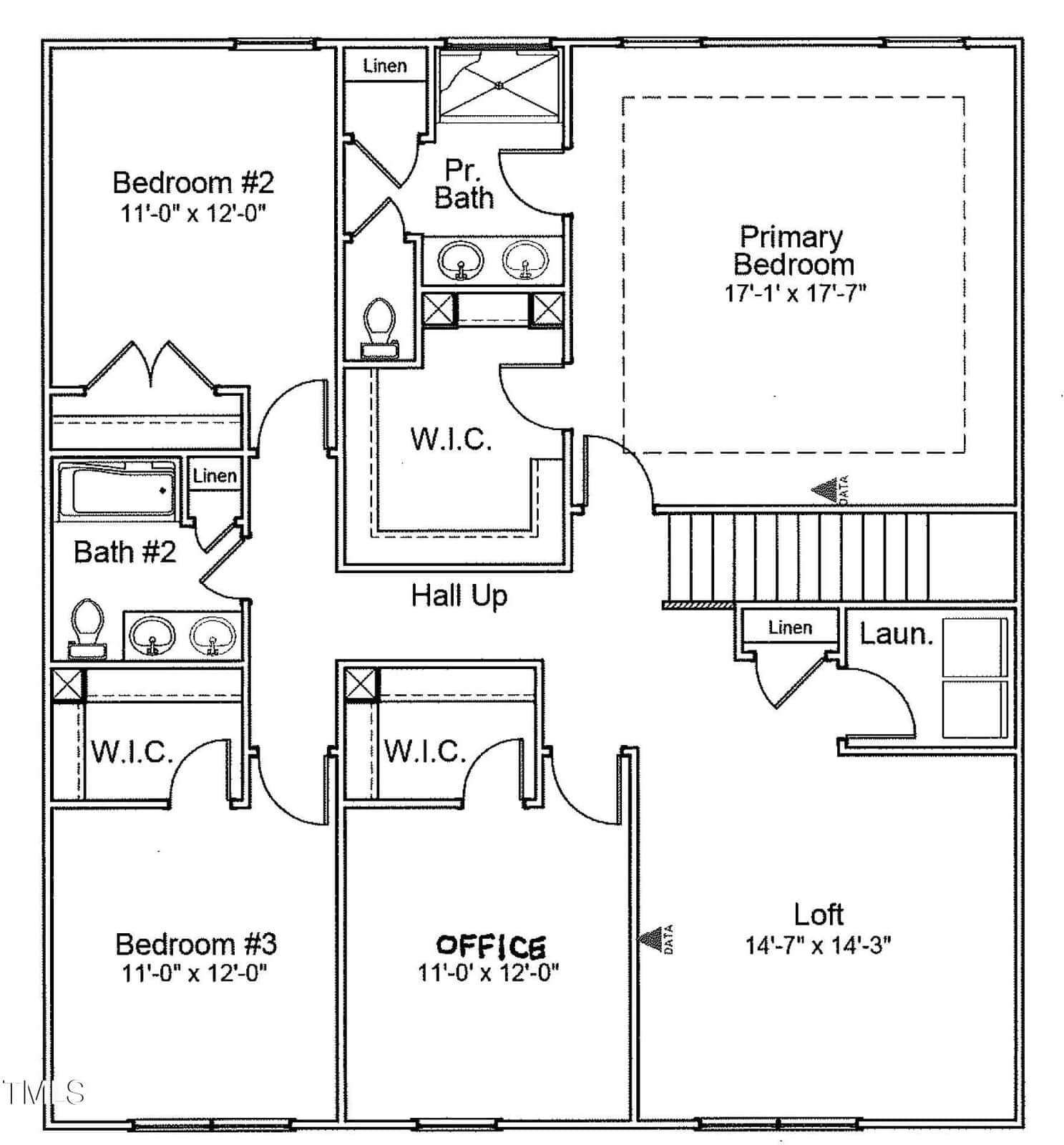 Black and white floor plan shows three bedrooms, an office, two bathrooms, a loft, laundry area, and halls with labeled closets. The primary bedroom has an attached bathroom and two walk-in closets. Stairs and linen closets are also shown.