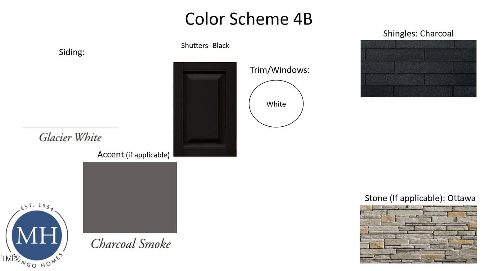 A color scheme board labeled "Color Scheme 4B" showing samples of siding in Glacier White, accent in Charcoal Smoke, black shutters, white trim and windows, charcoal shingles, and Ottawa stone.