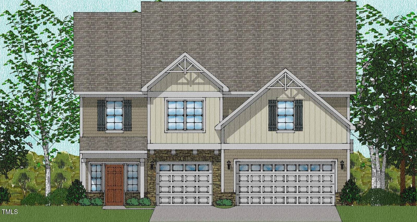 A two-story suburban house with two front-facing gables, double garage doors, a brown front door, stone and siding exterior, and shrubs along the foundation. Trees and greenery are visible in the background.