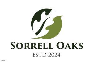 Logo for Sorrell Oaks featuring two stylized oak leaves in dark and light green forming a circle above the text "SORRELL OAKS" in bold letters and "ESTD 2024" underneath.