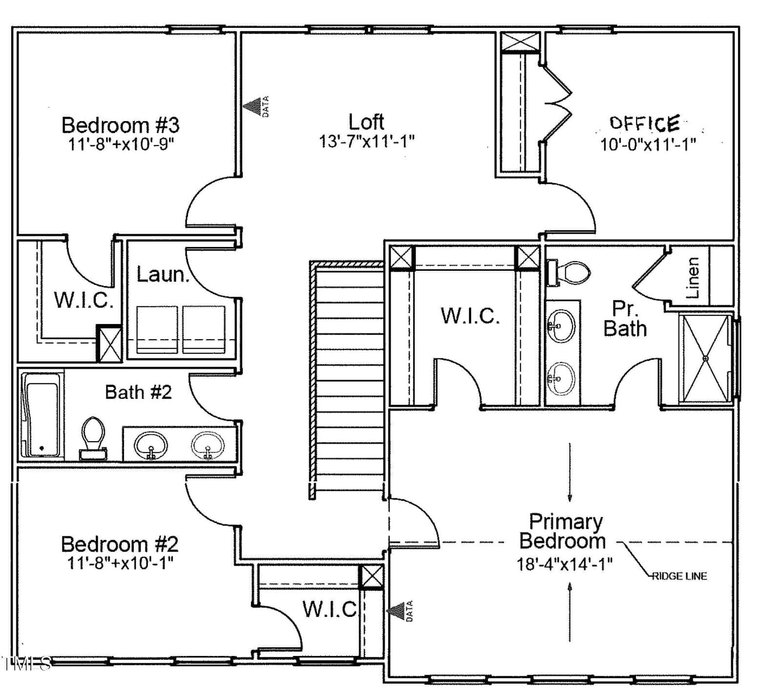 Black and white floor plan showing three bedrooms, a loft, an office, two bathrooms, laundry room, multiple walk-in closets, and a stairway in the center. The primary bedroom has an attached bath and walk-in closet.