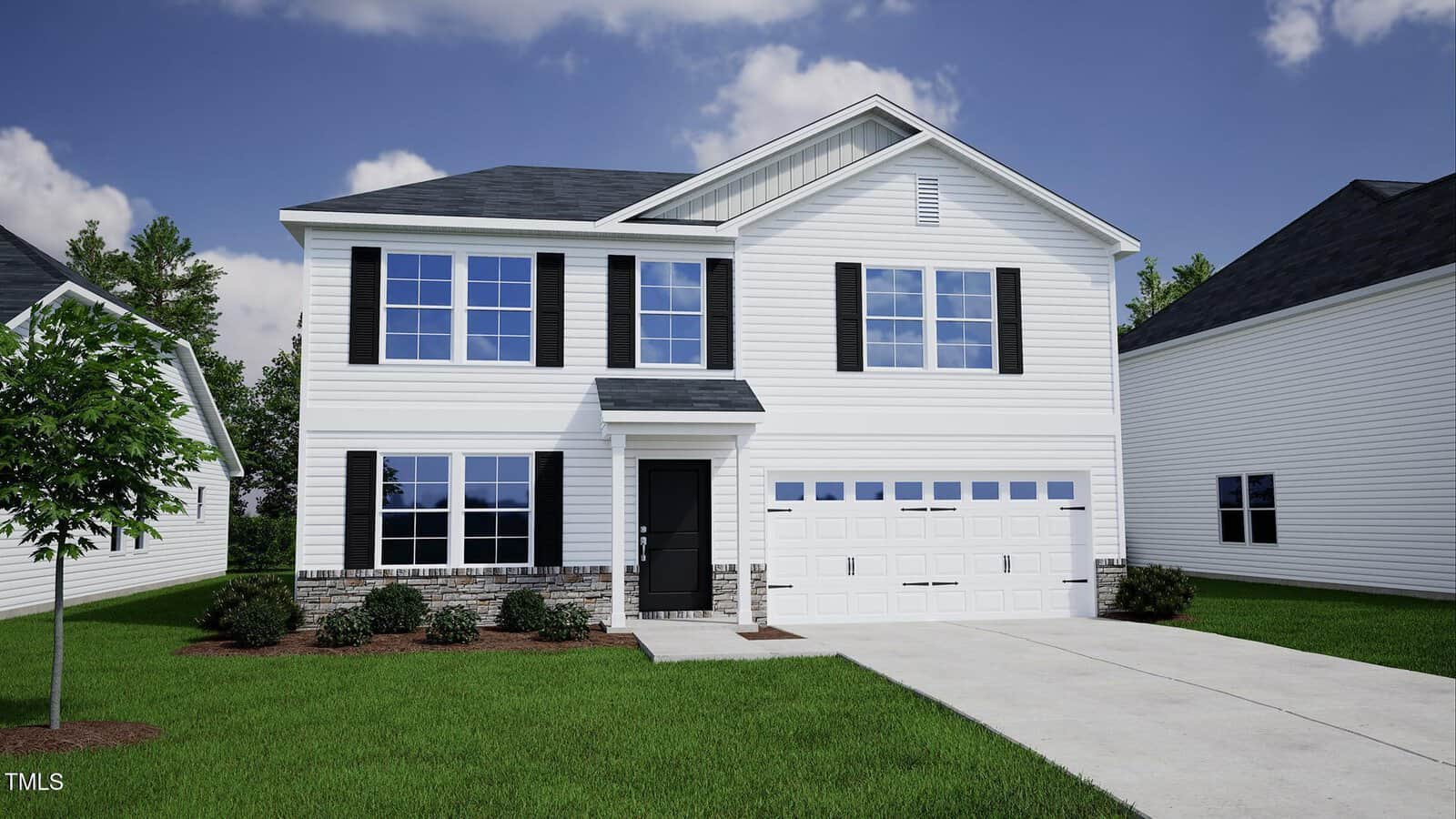 Two-story white house with black shutters, a black front door, and a double garage. The front yard has green grass, small shrubs, and a concrete driveway. The sky is partly cloudy.
