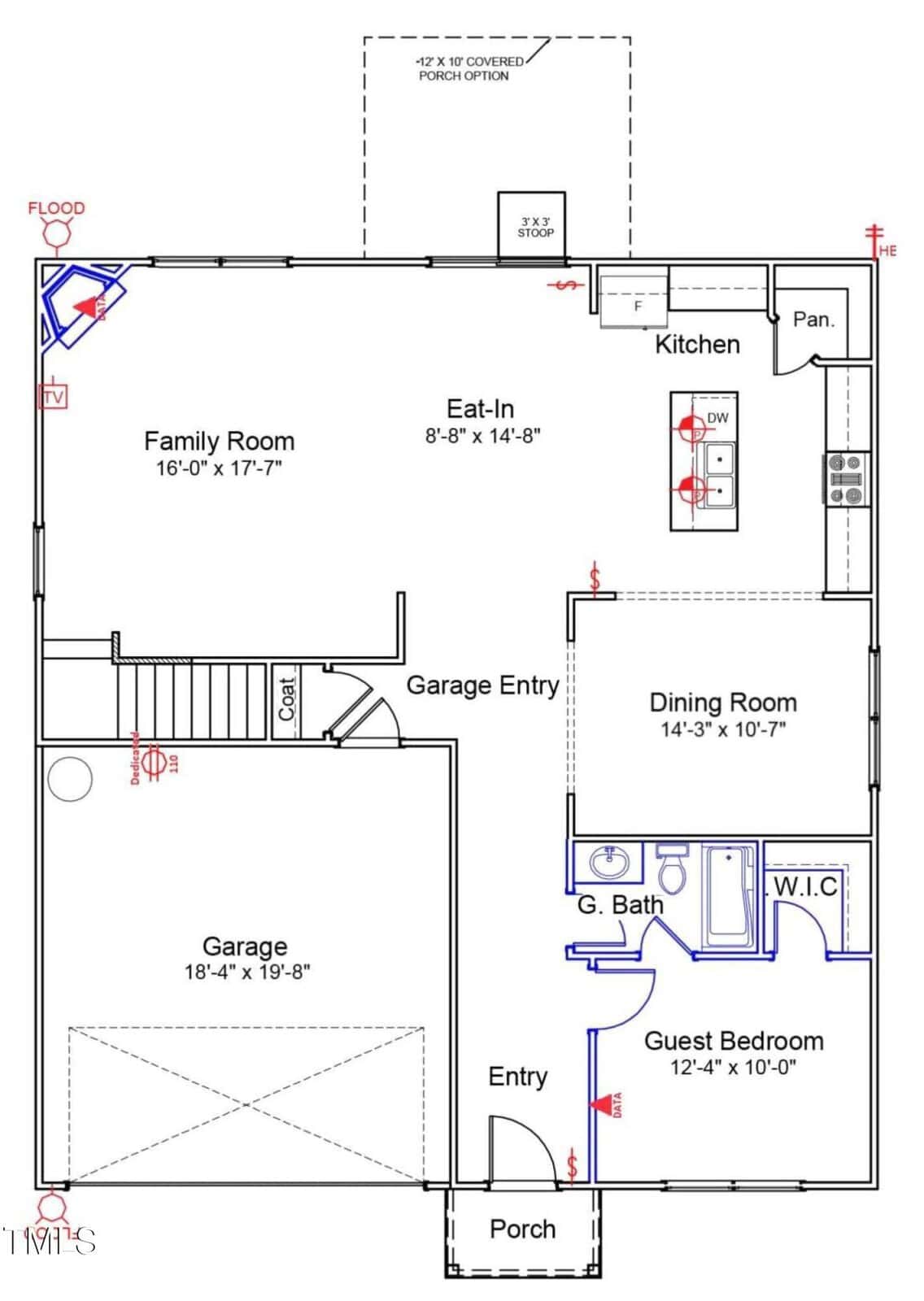 First floor house plan with porch, garage, family room, kitchen with pantry, eat-in area, dining room, guest bedroom, walk-in closet, guest bathroom, coat closet, and entry areas labeled. Measurements are included.