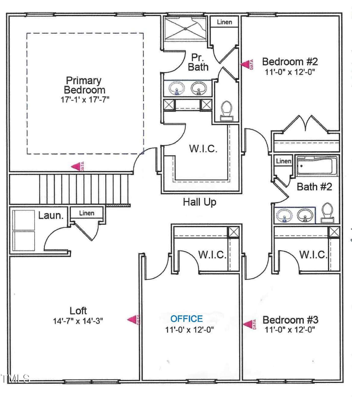 A floor plan showing a primary bedroom with private bath and walk-in closet, two additional bedrooms, a loft, an office, two full bathrooms, laundry area, linen closets, and a central hall.