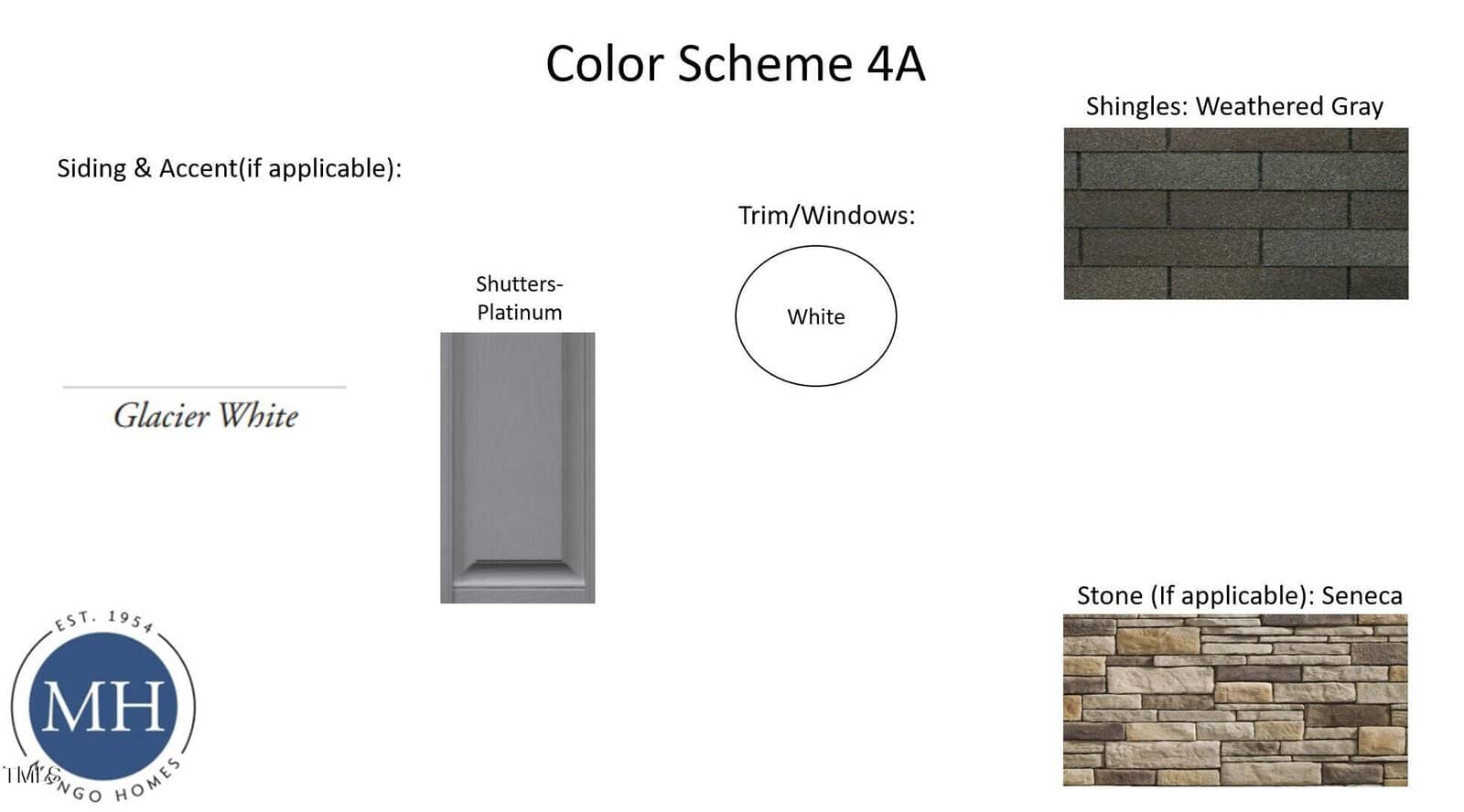 A color scheme board labeled "Color Scheme 4A" displays samples: Glacier White siding, Platinum shutters, white trim/windows, weathered gray shingles, and Seneca stone, with a Marshmoore Homes logo at the bottom left.
