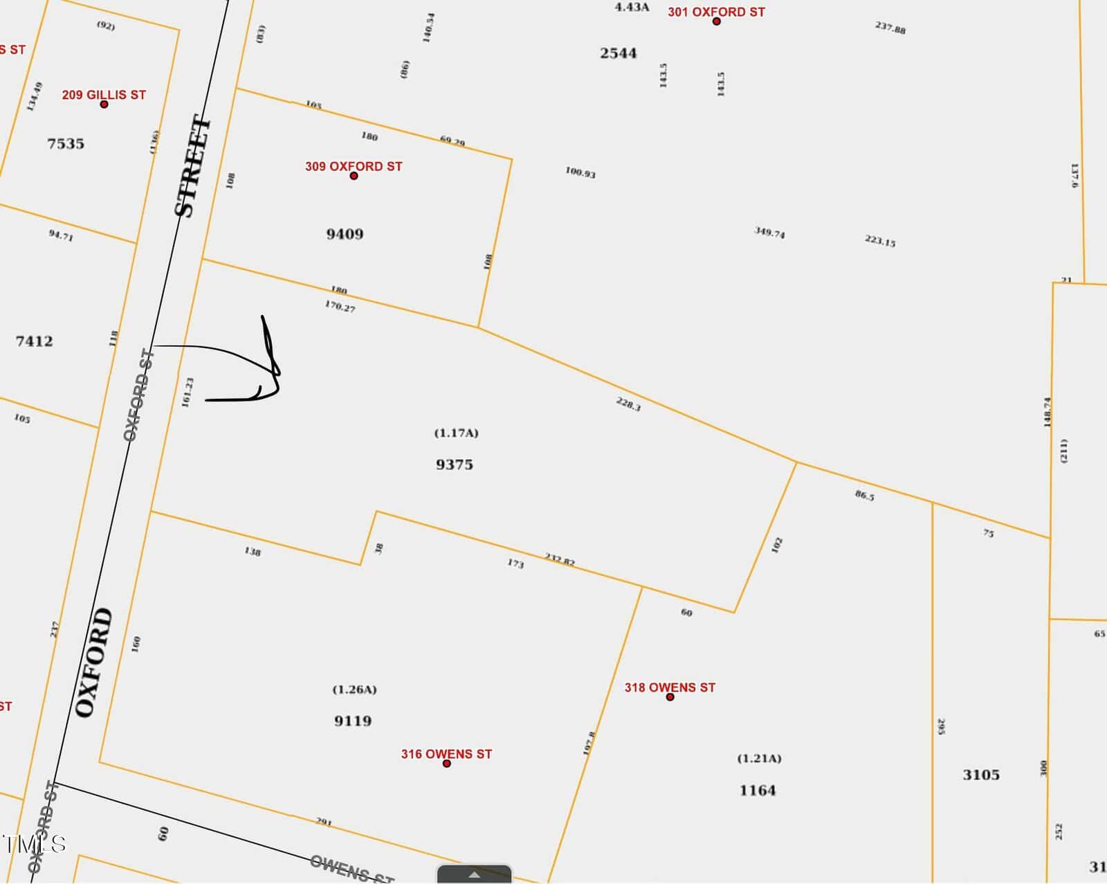 A property map showing numbered land parcels and street names, including Oxford Street and Owens Street. Parcel numbers such as 9375 and 316 Owens Street are visible. Some parcels have dimensions marked in feet, and the map features a sketch of an arrow.