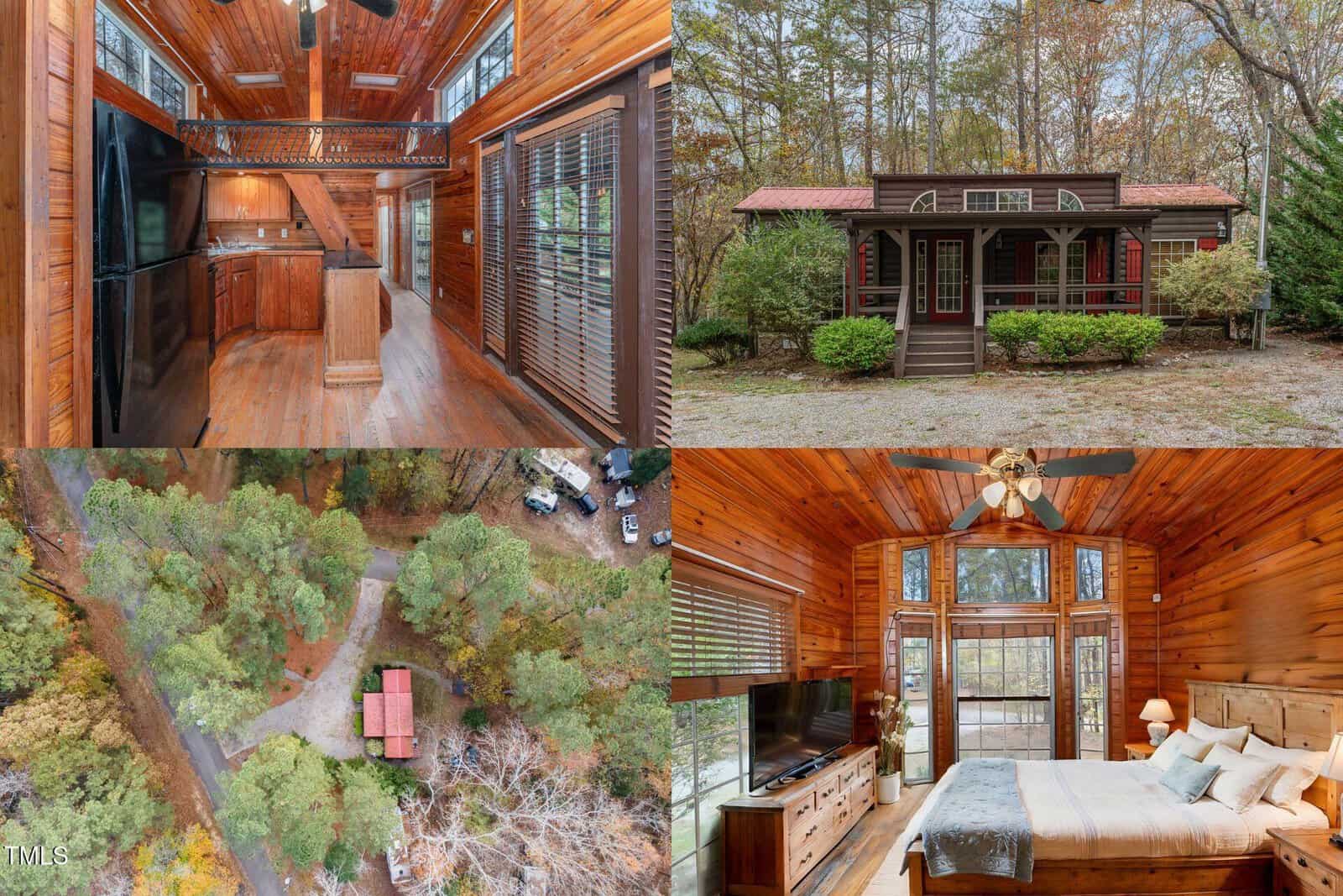 Collage of four images showing a wooden cabin: a kitchen with wood walls and ceiling, the cabin's exterior, an aerial view of the property surrounded by trees, and a bedroom with large windows and a ceiling fan.