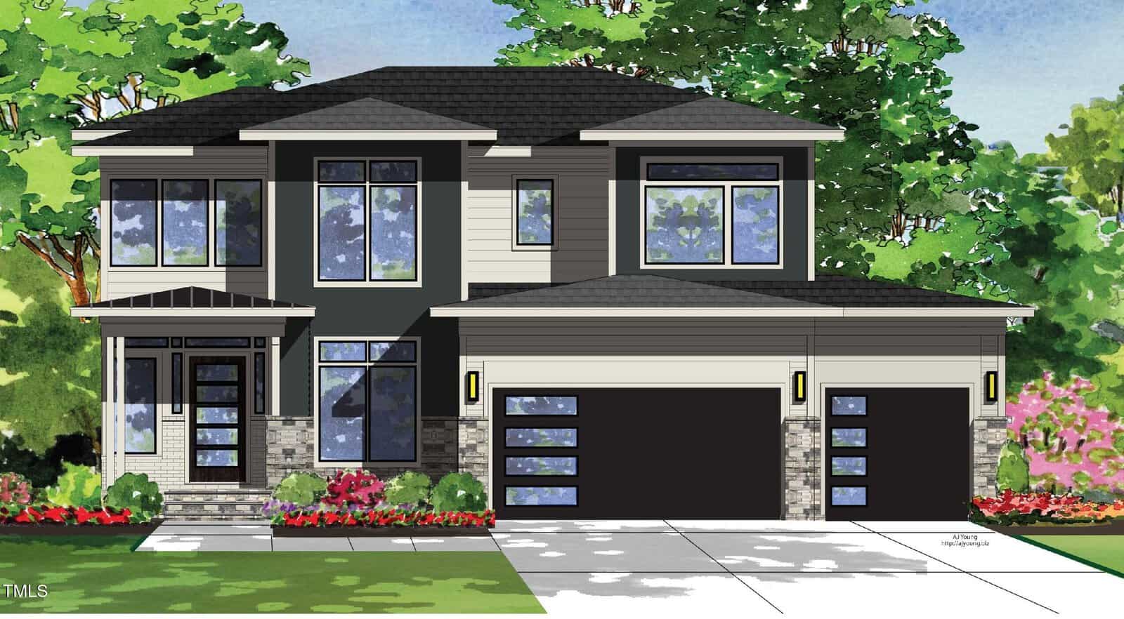 A two-story modern house with large windows, a three-car garage, stone and siding exterior, and landscaped front yard with bushes, flowers, and trees in the background.