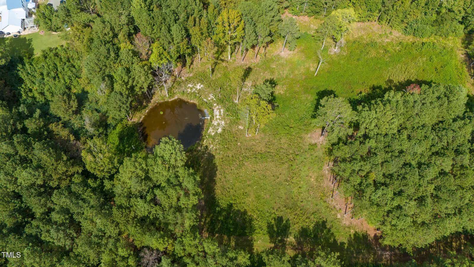 Aerial view of a small pond surrounded by dense green trees and a grassy area. A white building is partially visible in the top left corner. The landscape features a mix of wooded and open spaces under a clear sky.