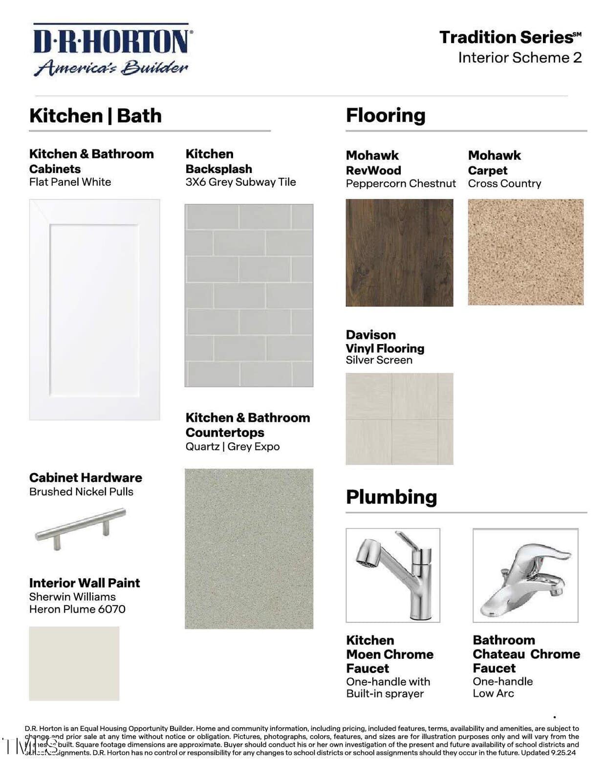 A design board labeled "Tradition Series Interior Scheme 2" shows samples of white cabinets, a gray subway tile backsplash, gray quartz countertops, nickel cabinet hardware, paint, wood and carpet flooring, and chrome plumbing fixtures.