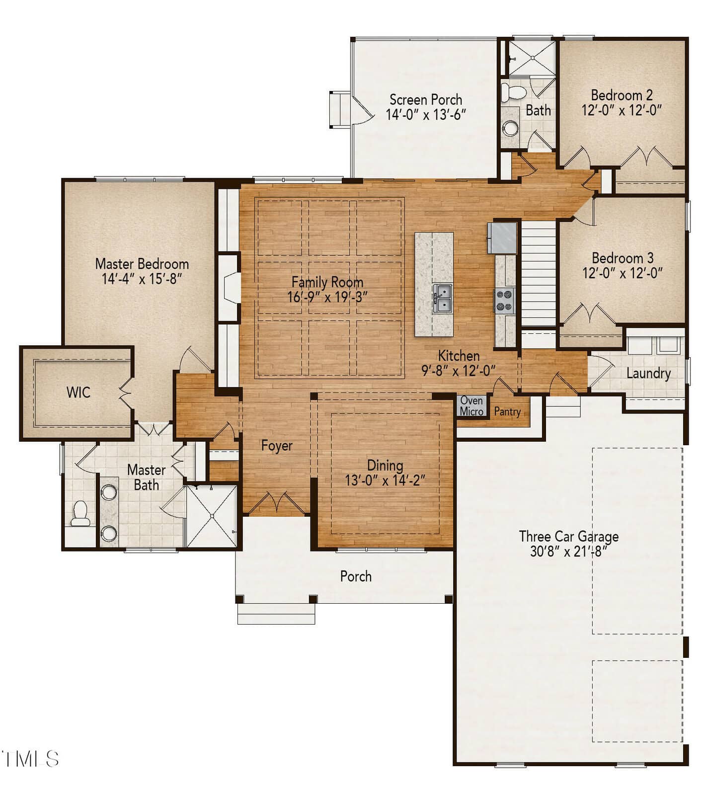 Floor plan of a single-story house showing a master bedroom with walk-in closet and bath, two additional bedrooms, family room, kitchen, dining room, laundry, screen porch, foyer, and three-car garage.