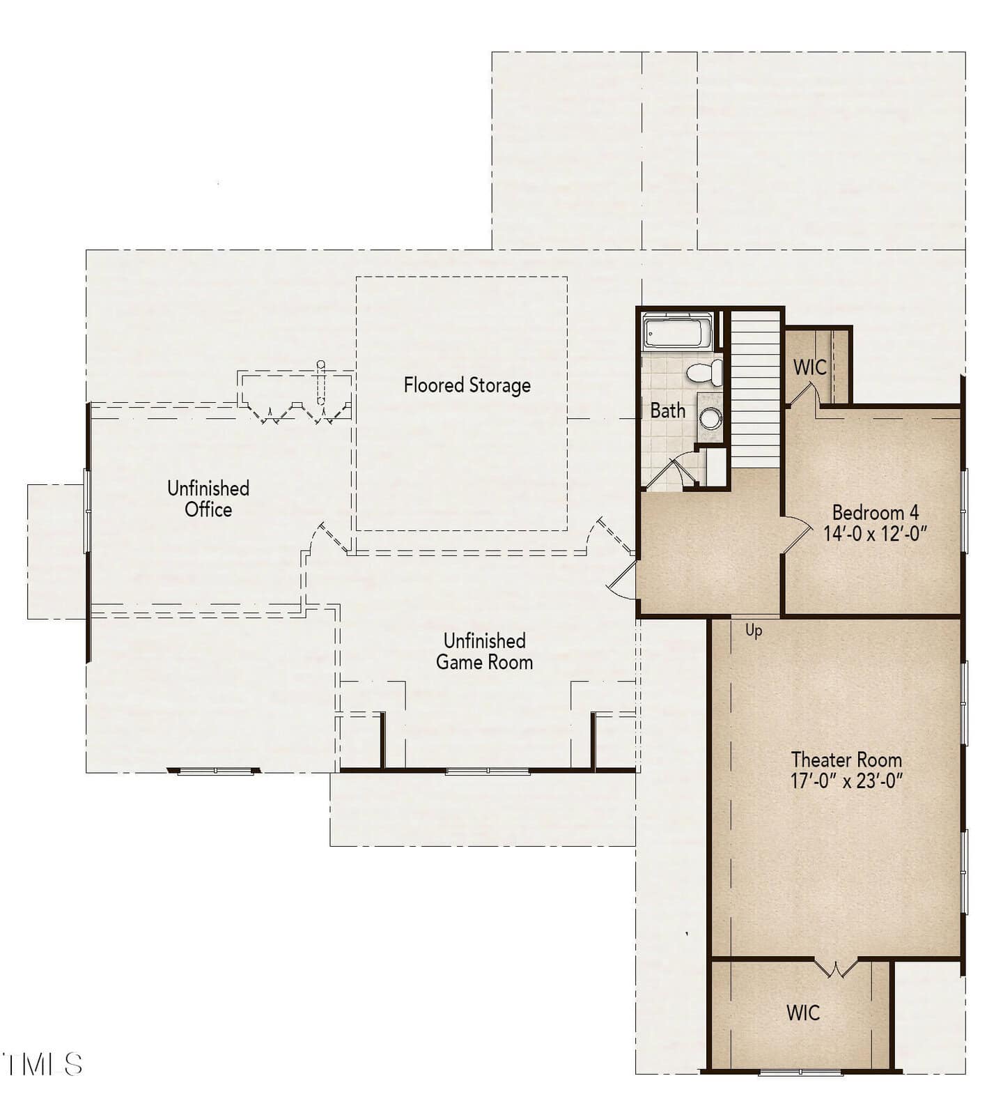 A floor plan showing an unfinished office, unfinished game room, floored storage, a bathroom, a walk-in closet, bedroom 4, and a theater room. Stairs are located near the bedroom and bathroom.