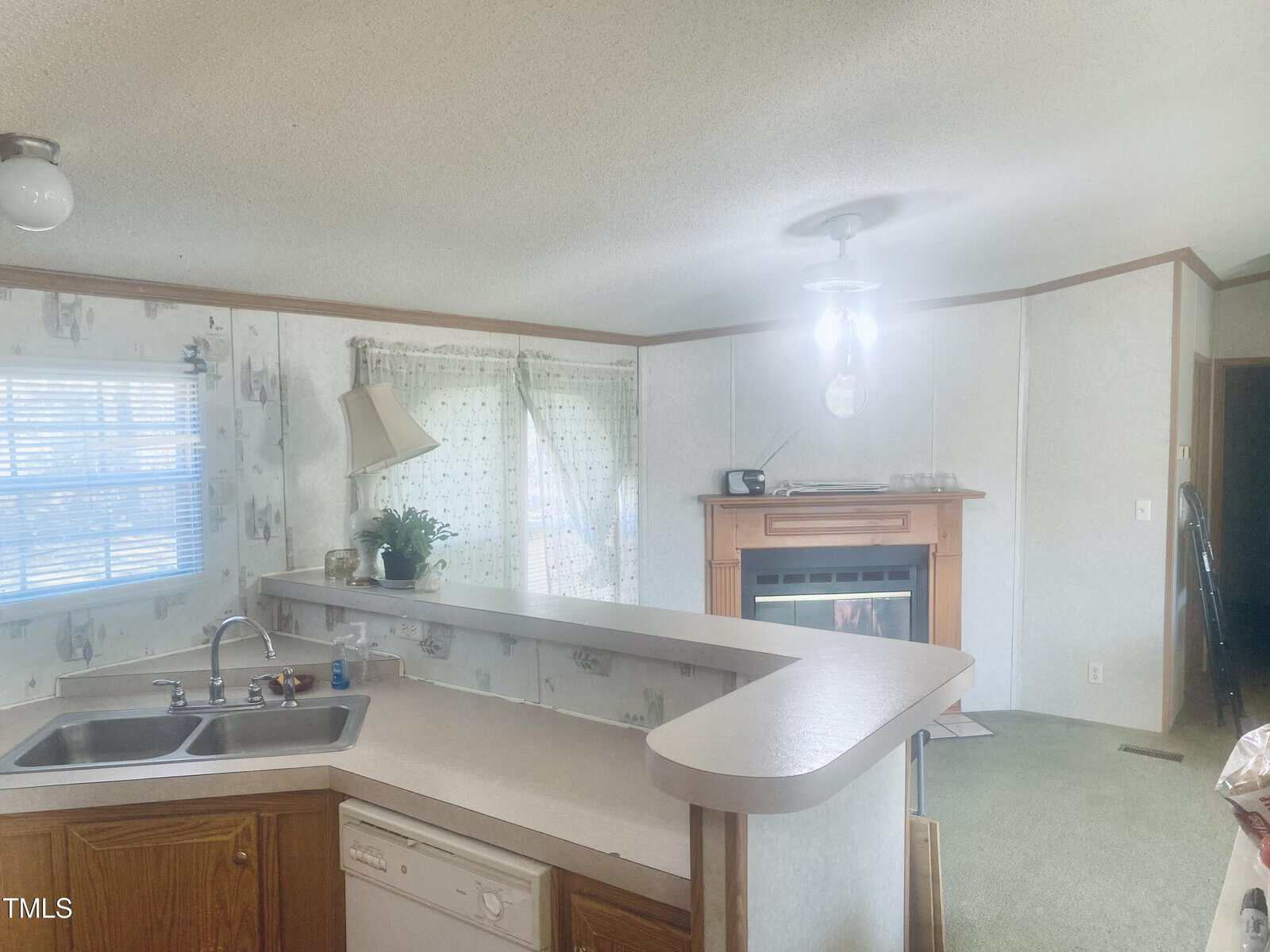 A cozy kitchen with light-colored countertops, a double sink, and wooden cabinets. A section of the kitchen extends into a breakfast bar. A living area with a fireplace is visible in the background. A plant and a lamp sit on the windowsill.