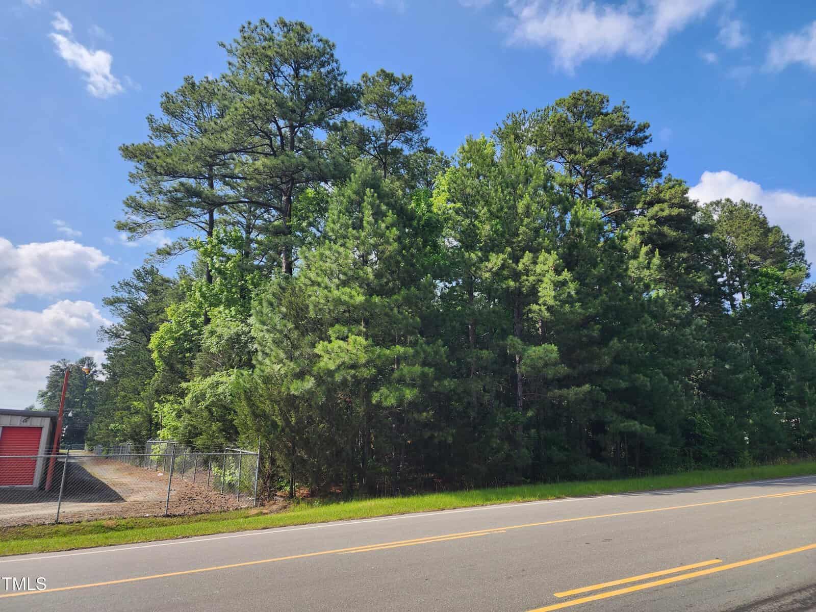 A rural roadside scene in Butner features a row of tall pine trees behind a chain-link fence. The road, lined with a yellow double line, passes by Lot 12 E B Street. A red building is partially visible on the left, while the sky remains clear with a few clouds.